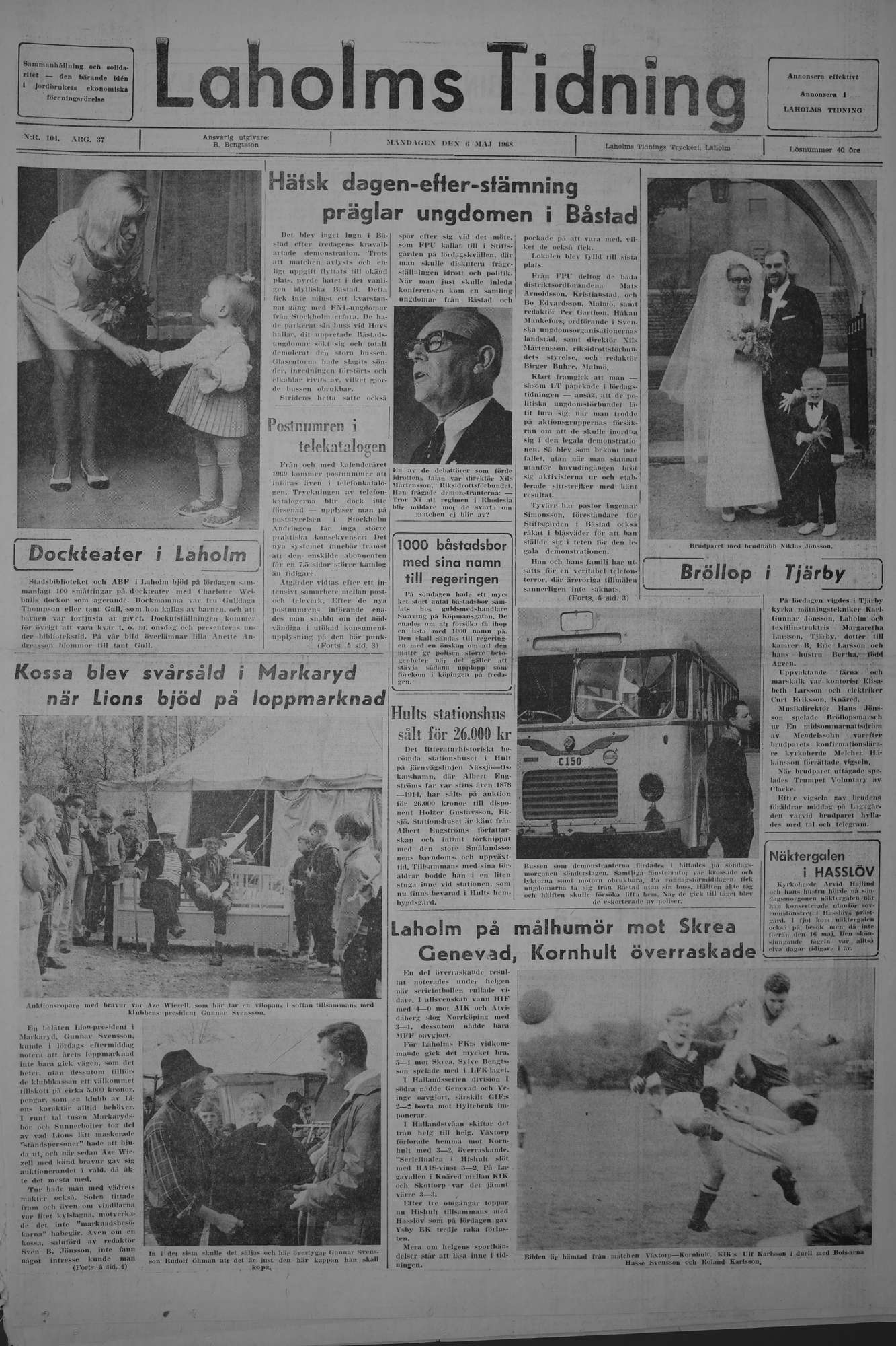 Laholms Tidning Måndag 6 maj 1968, sida 1