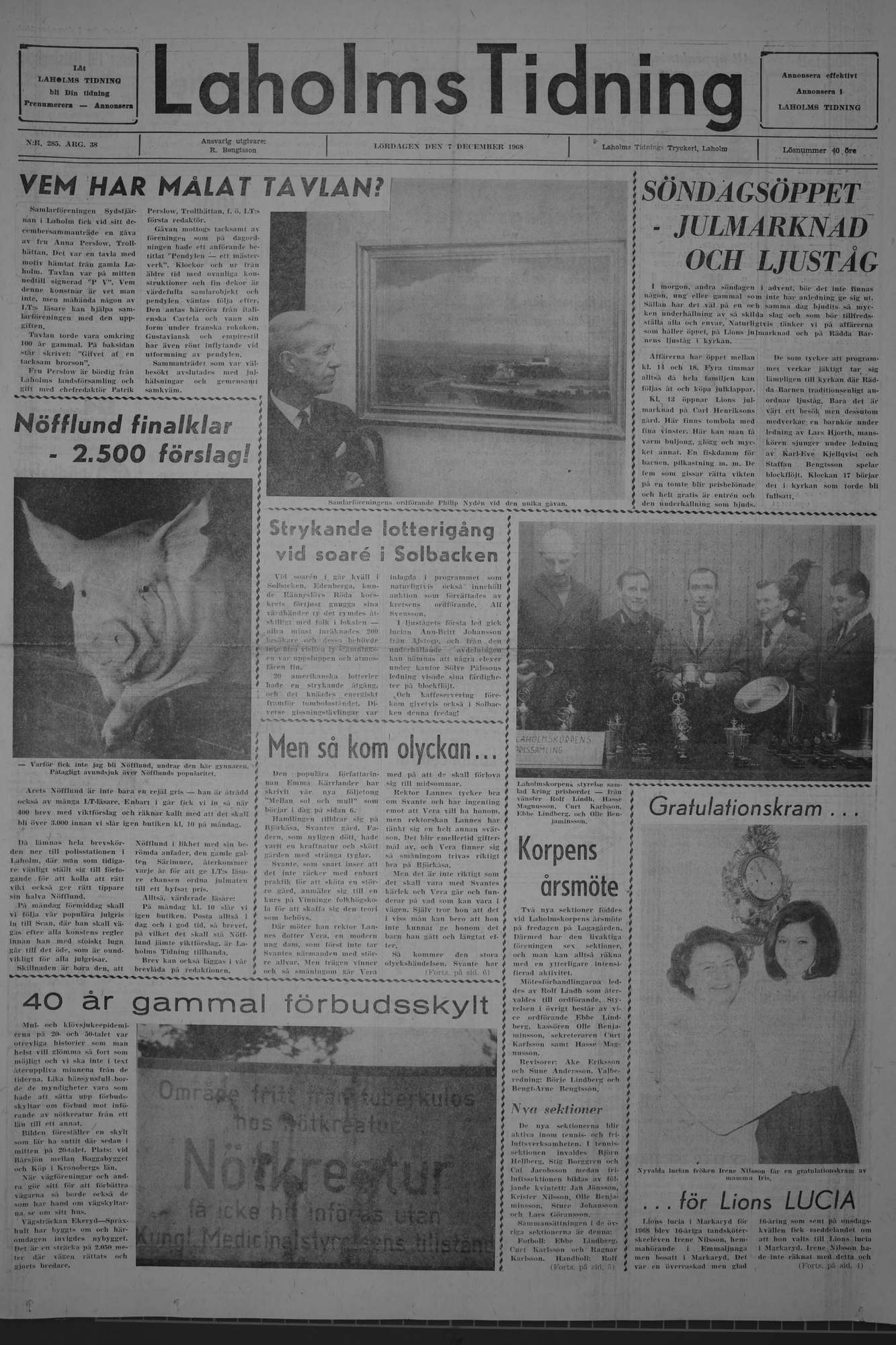 Laholms Tidning Lördag 7 december 1968, sida 1
