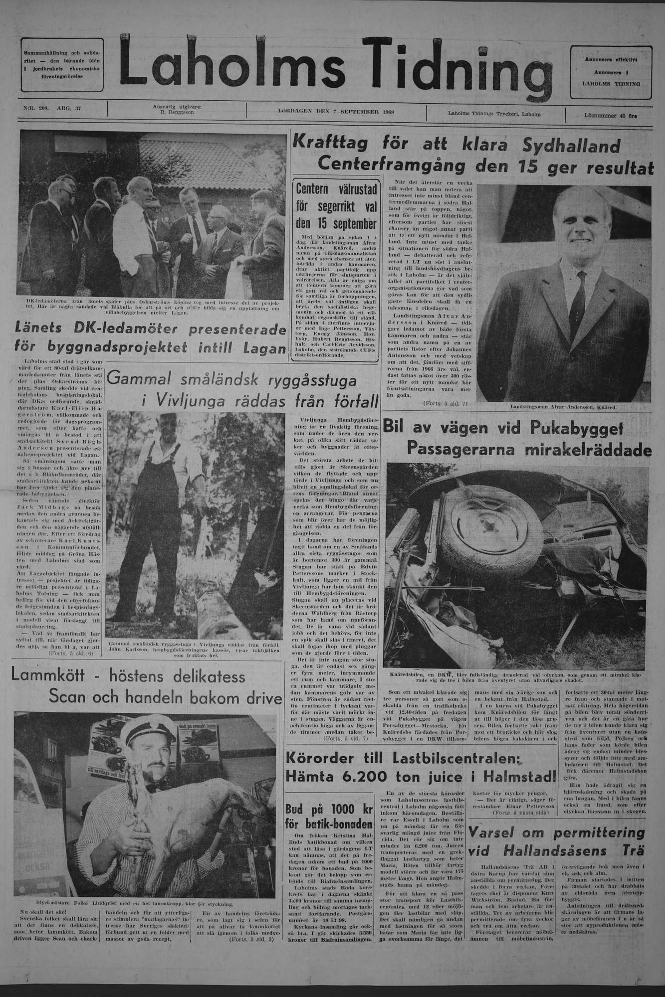 Laholms Tidning Lördag 7 september 1968, sida 1