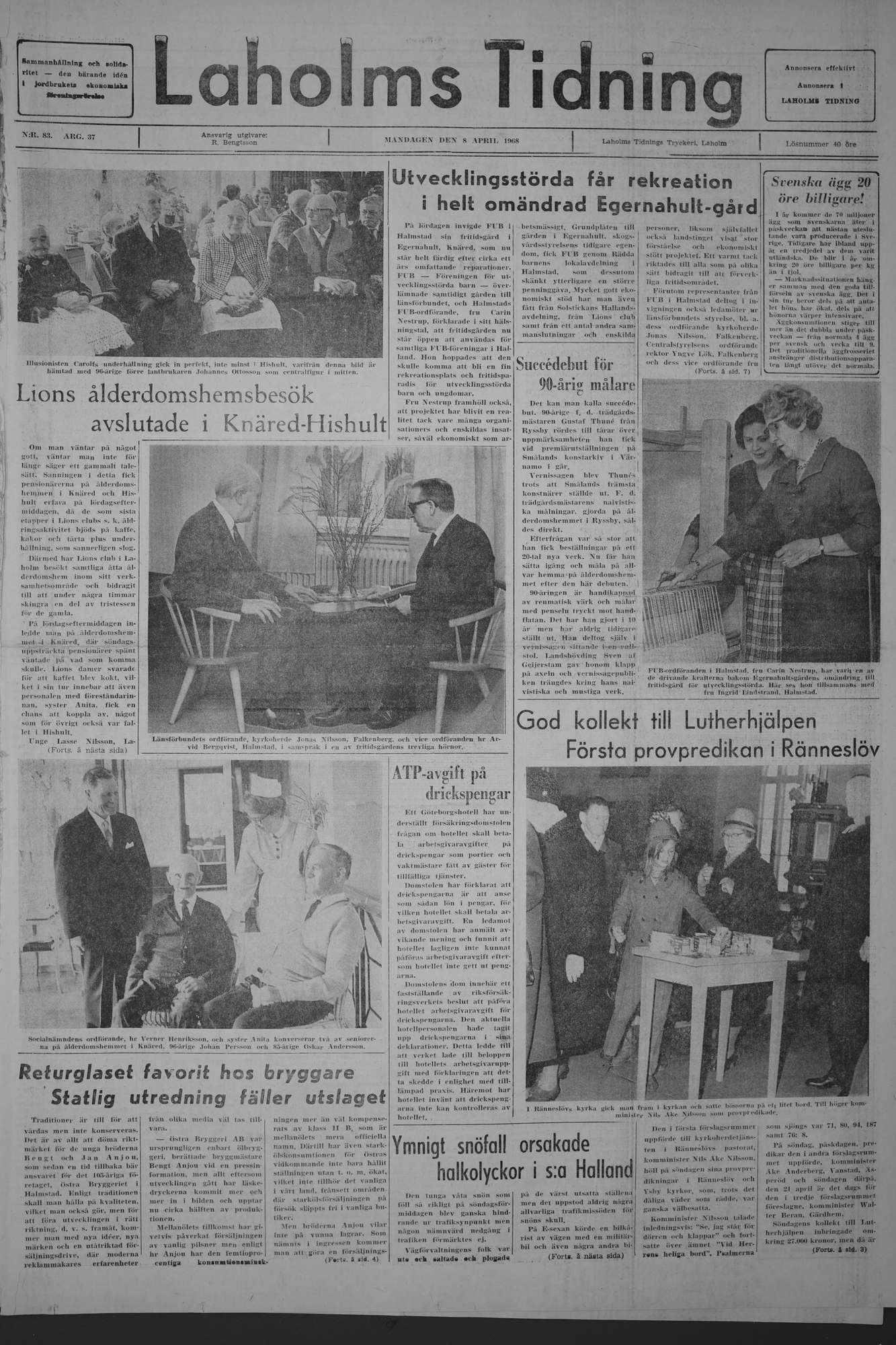 Laholms Tidning Måndag 8 april 1968, sida 1