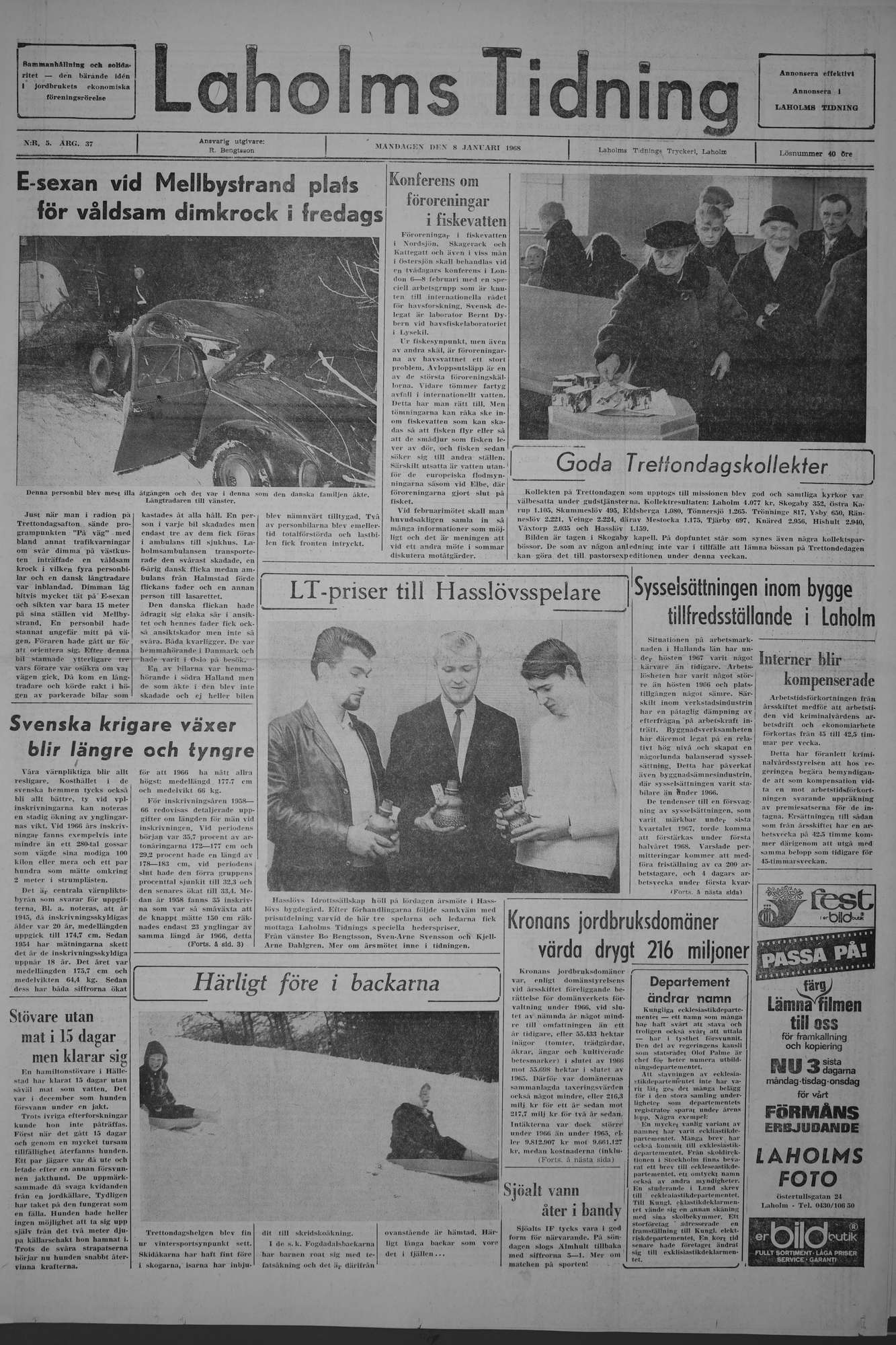 Laholms Tidning Måndag 8 januari 1968, sida 1