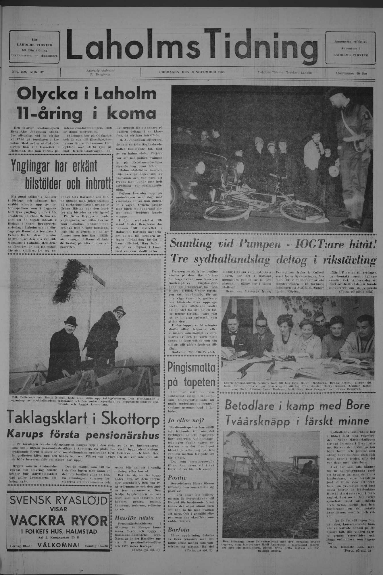 Laholms Tidning Fredag 8 november 1968, sida 1