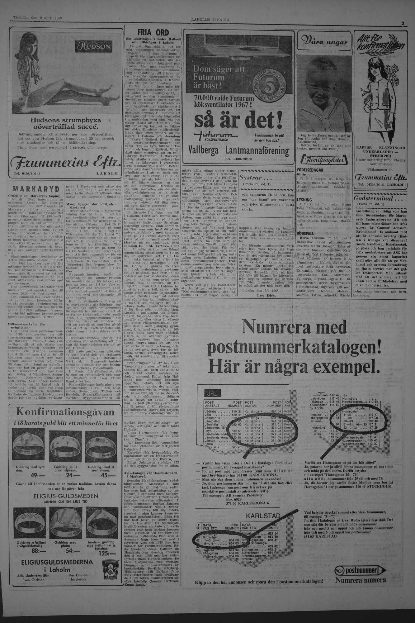 Laholms Tidning Tisdag 9 april 1968, sida 3