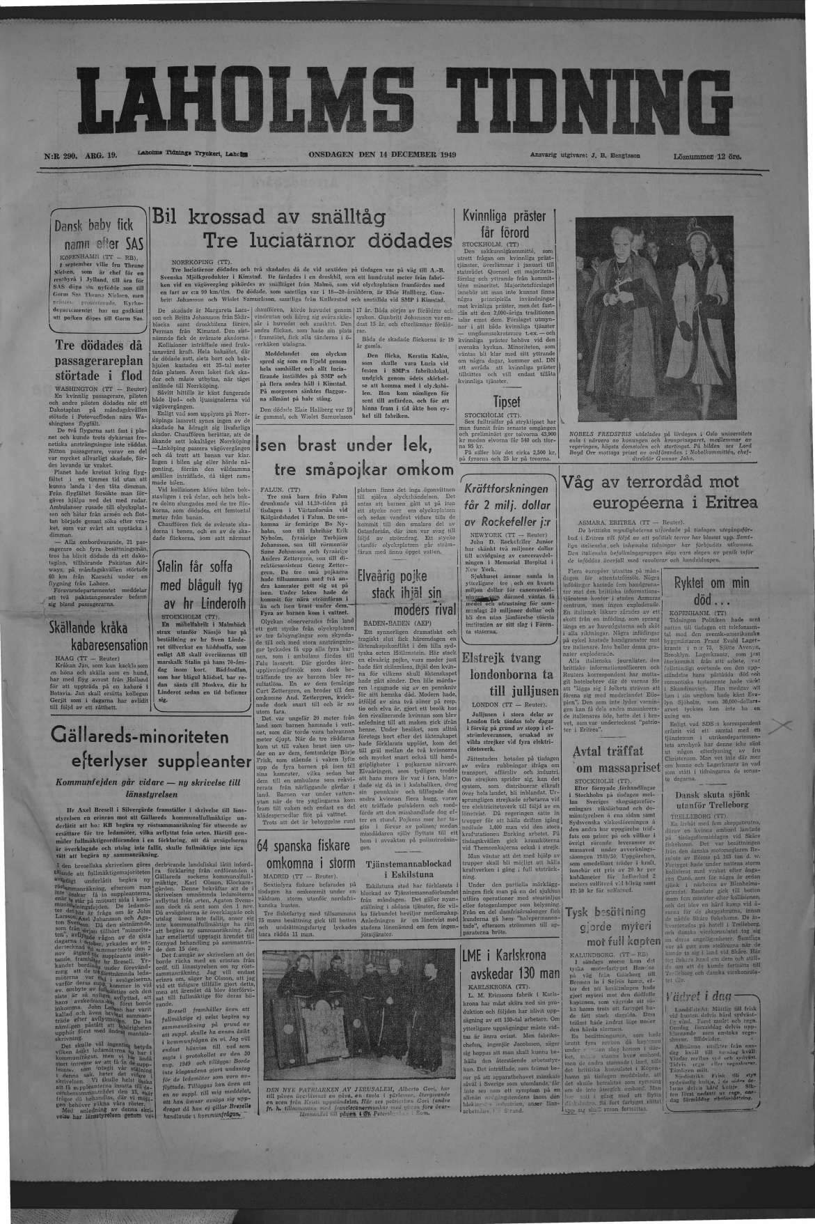 Laholms Tidning Onsdag 14 december 1949, sida 1