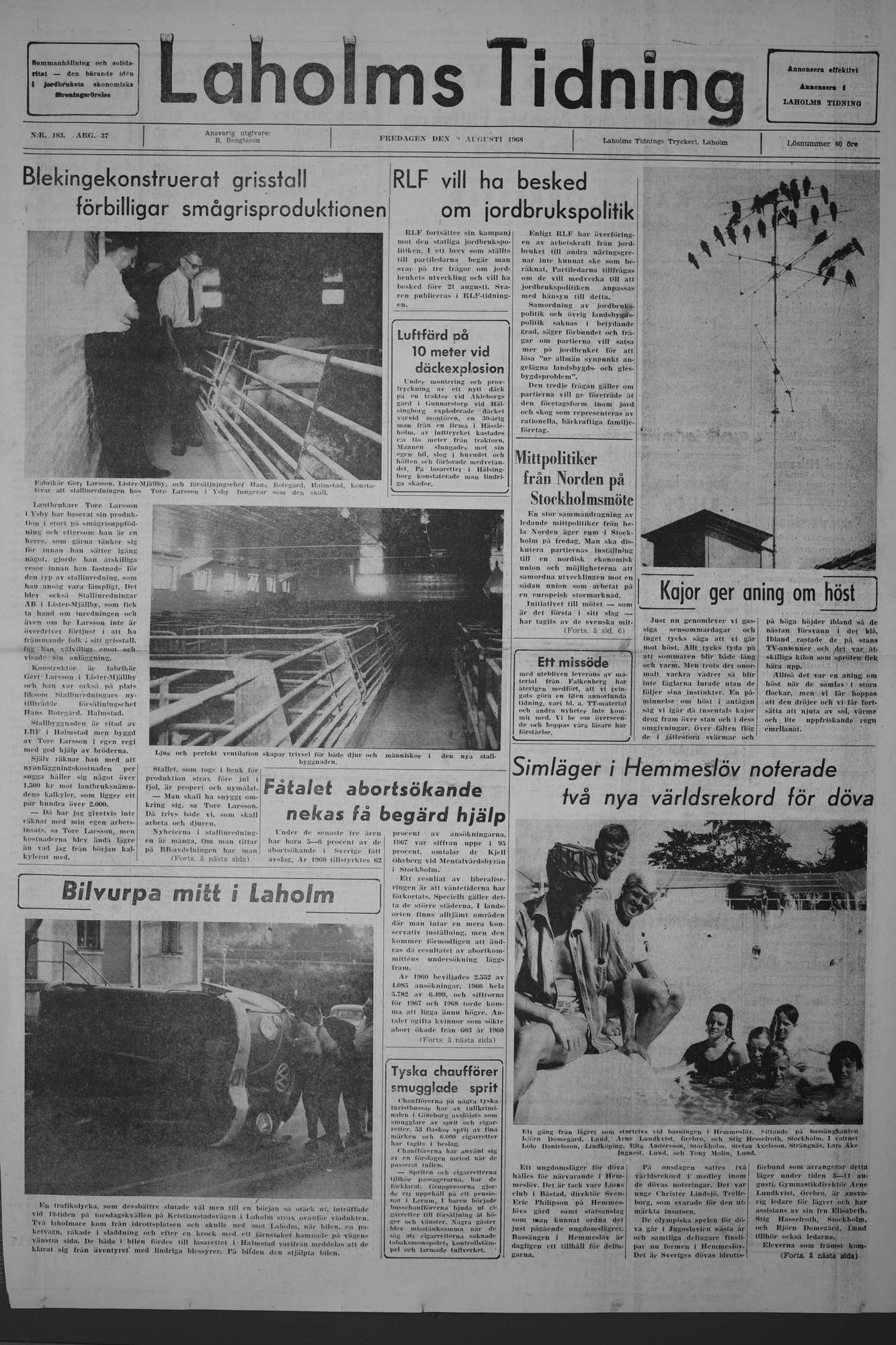 Laholms Tidning Fredag 9 augusti 1968, sida 1