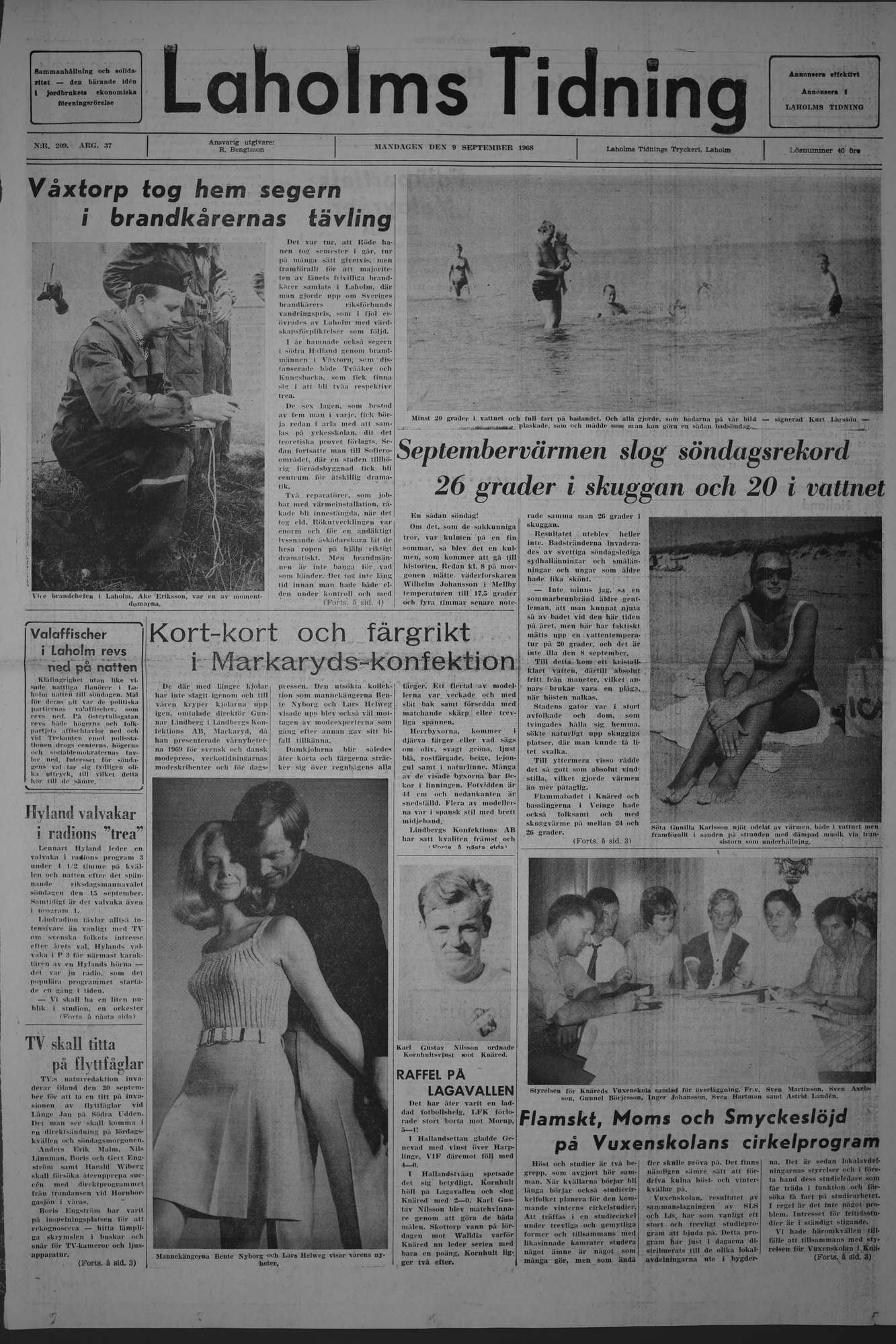 Laholms Tidning Måndag 9 september 1968, sida 1