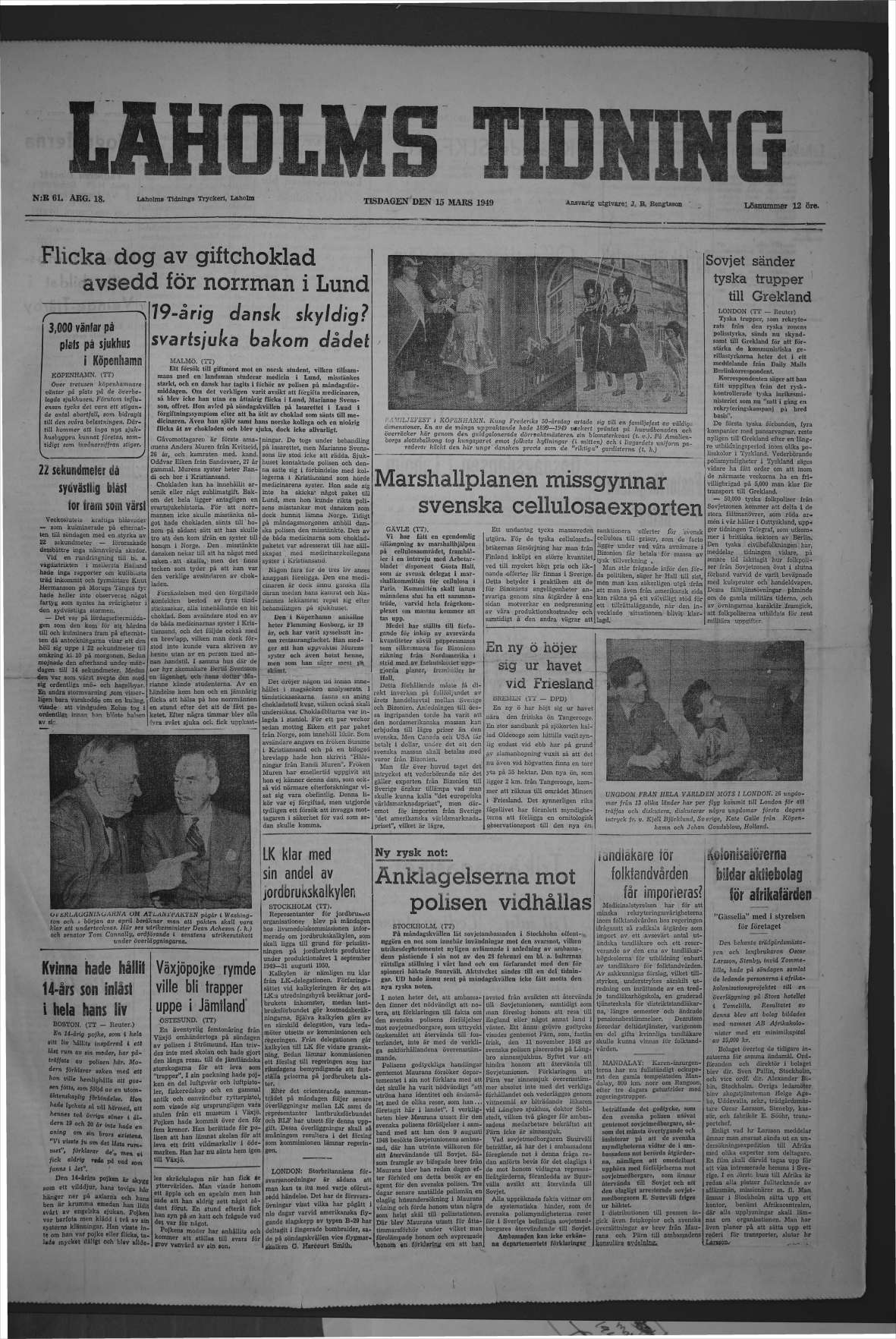 Laholms Tidning Tisdag 15 mars 1949, sida 1