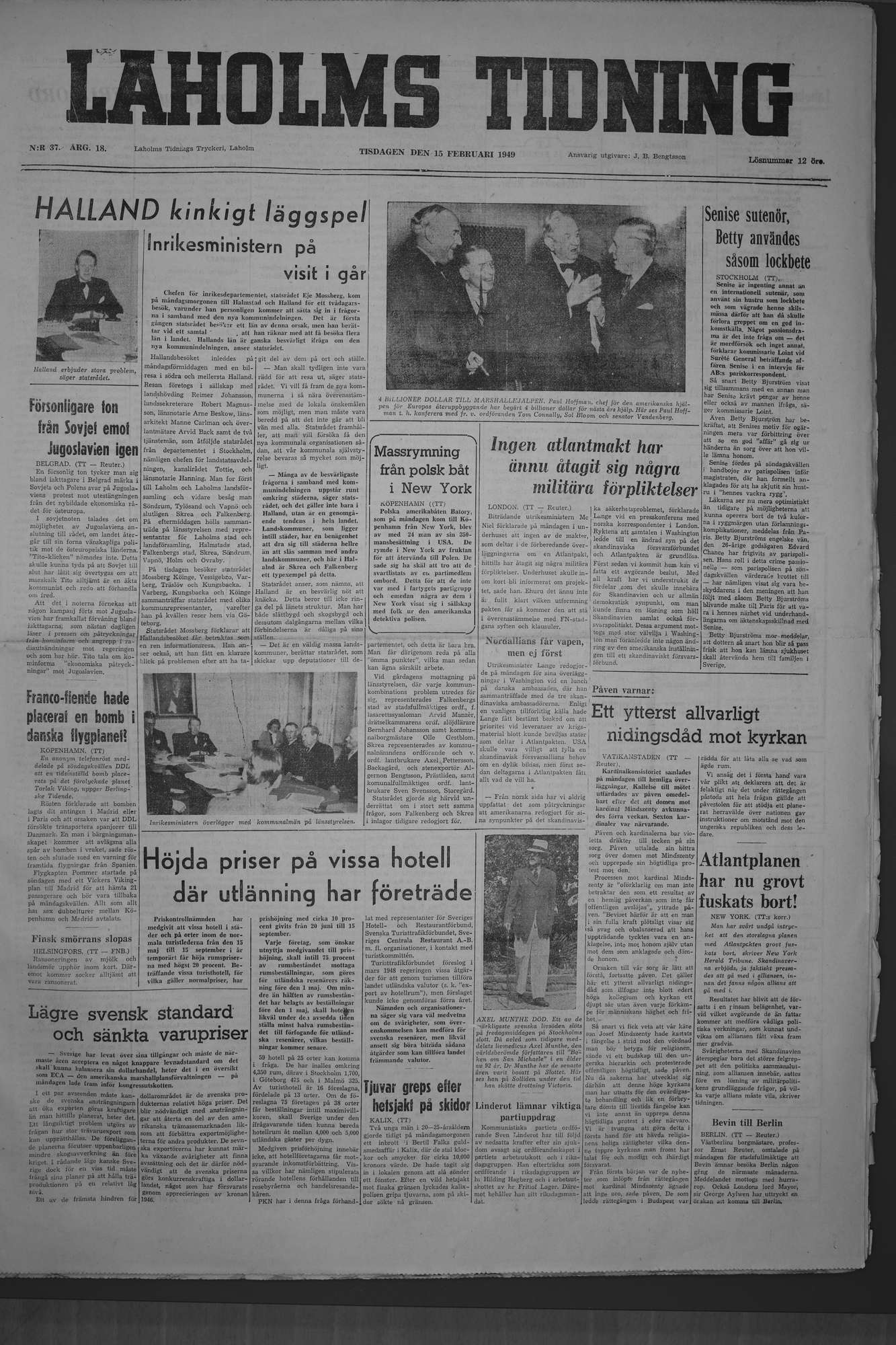 Laholms Tidning Tisdag 15 februari 1949, sida 1