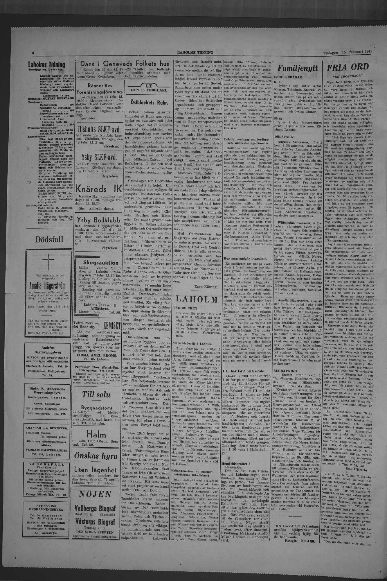 Laholms Tidning Tisdag 15 februari 1949, sida 2