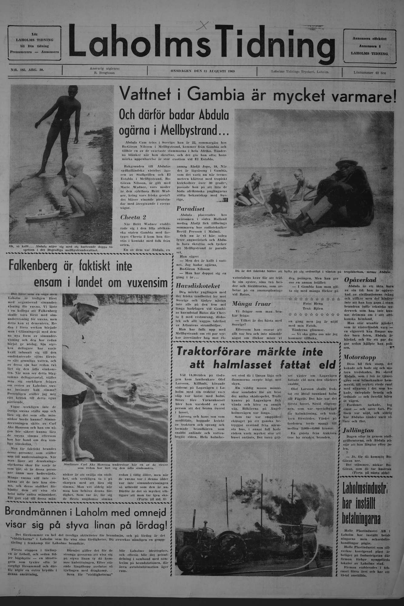 Laholms Tidning Onsdag 13 augusti 1969, sida 1