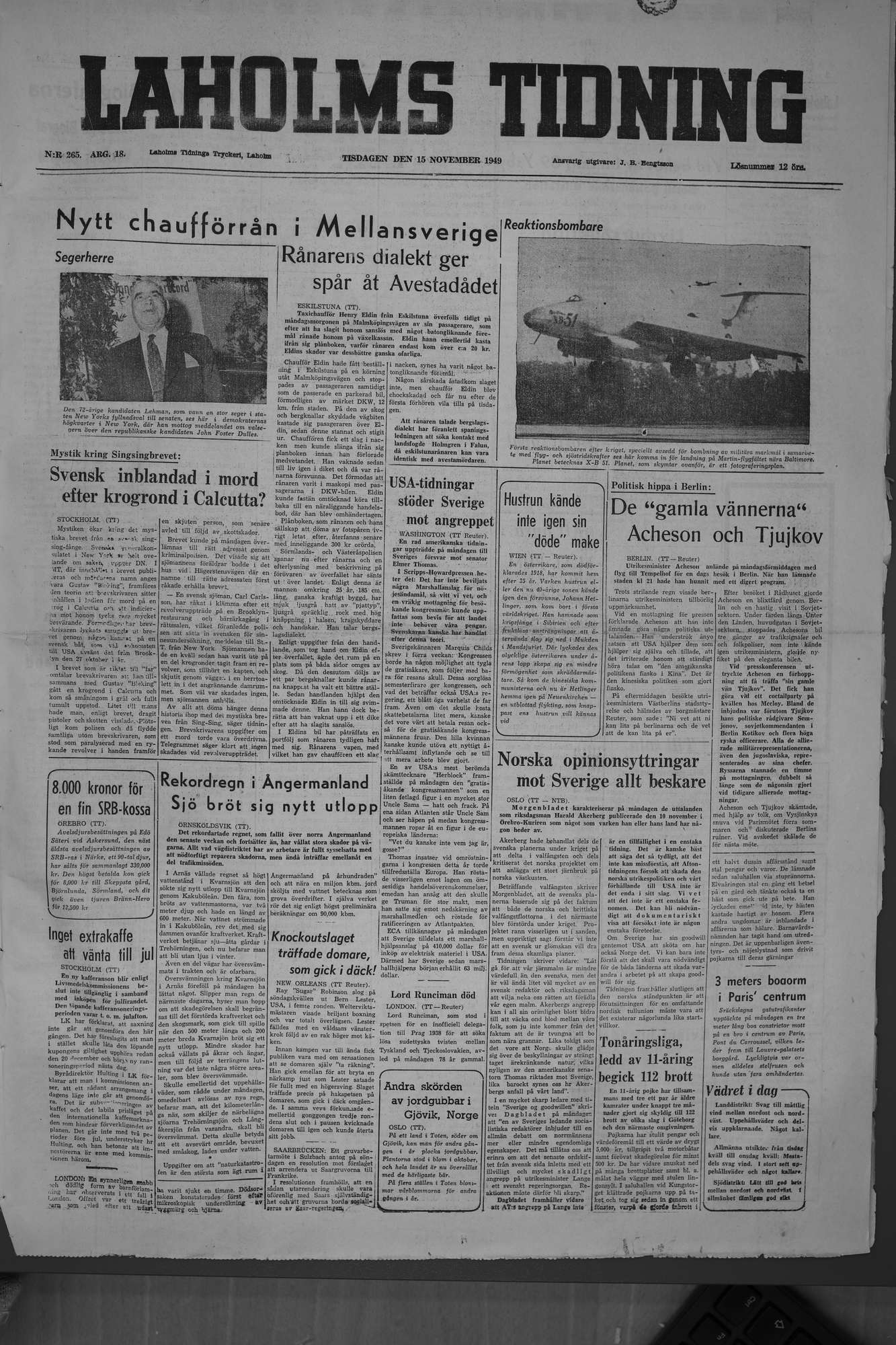 Laholms Tidning Tisdag 15 november 1949, sida 1