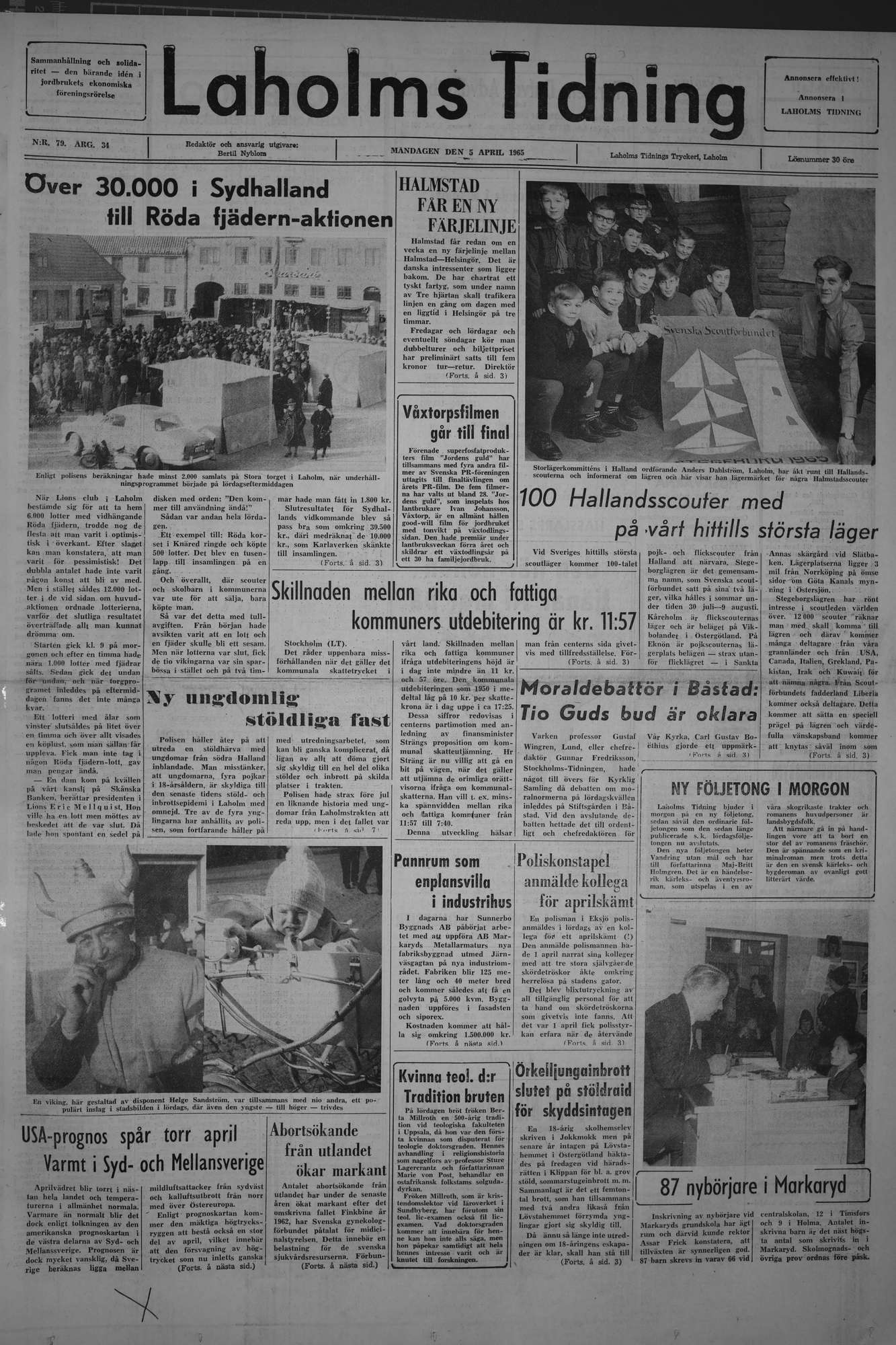 Laholms Tidning Måndag 5 april 1965, sida 1