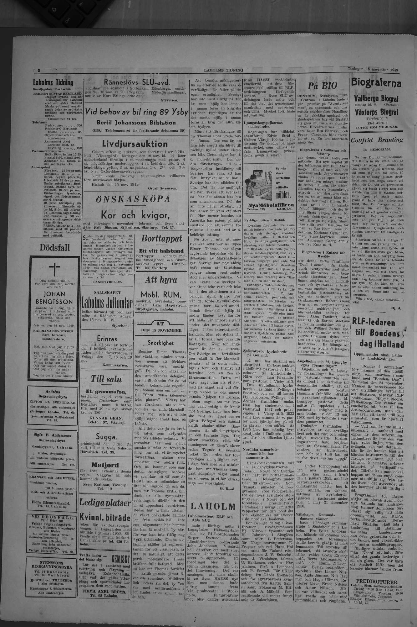 Laholms Tidning Tisdag 15 november 1949, sida 2
