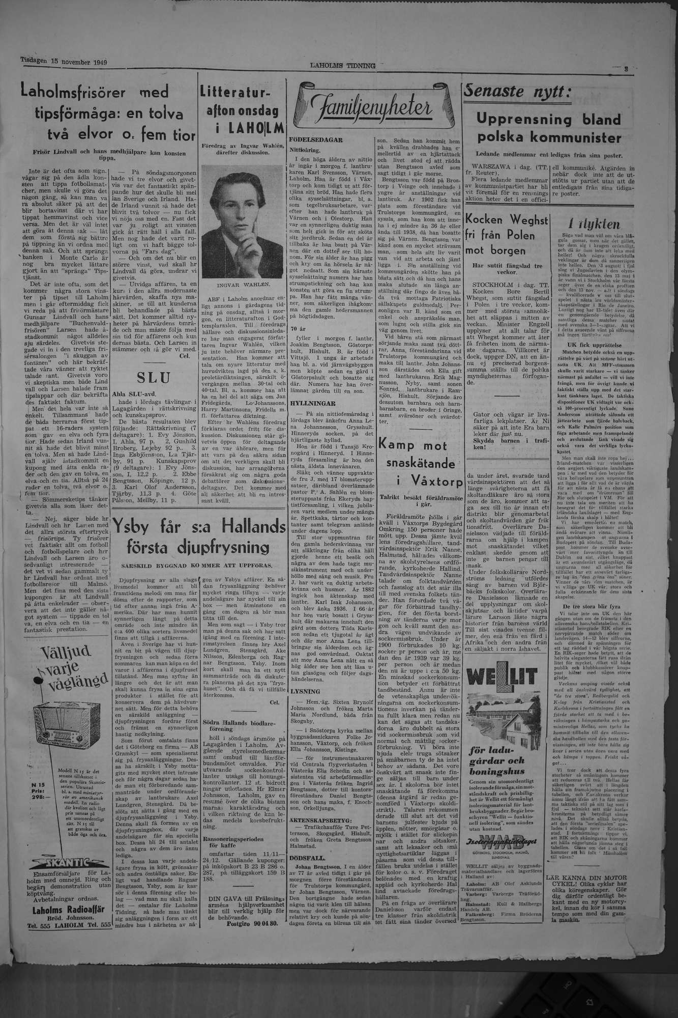 Laholms Tidning Tisdag 15 november 1949, sida 3