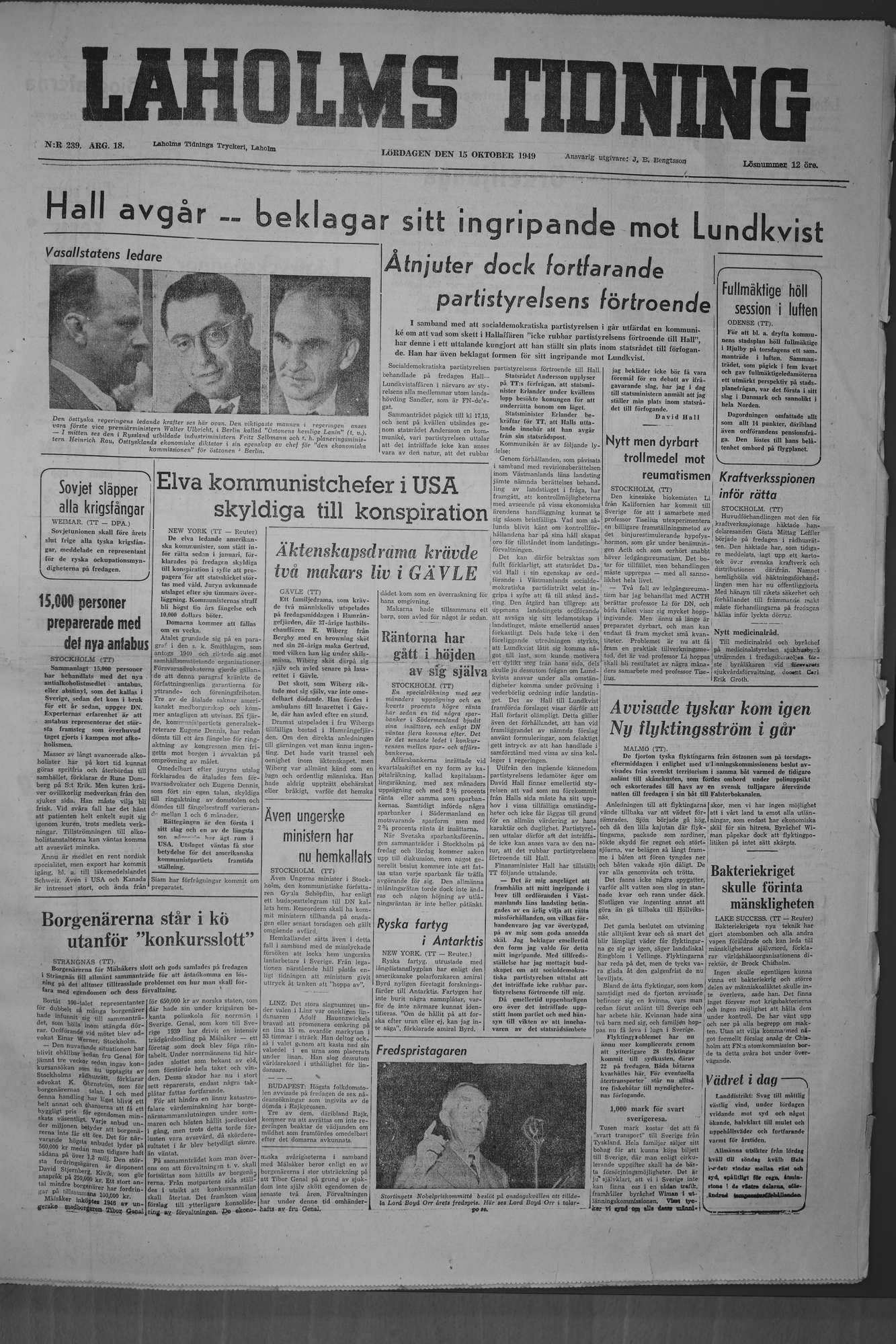 Laholms Tidning Lördag 15 oktober 1949, sida 1