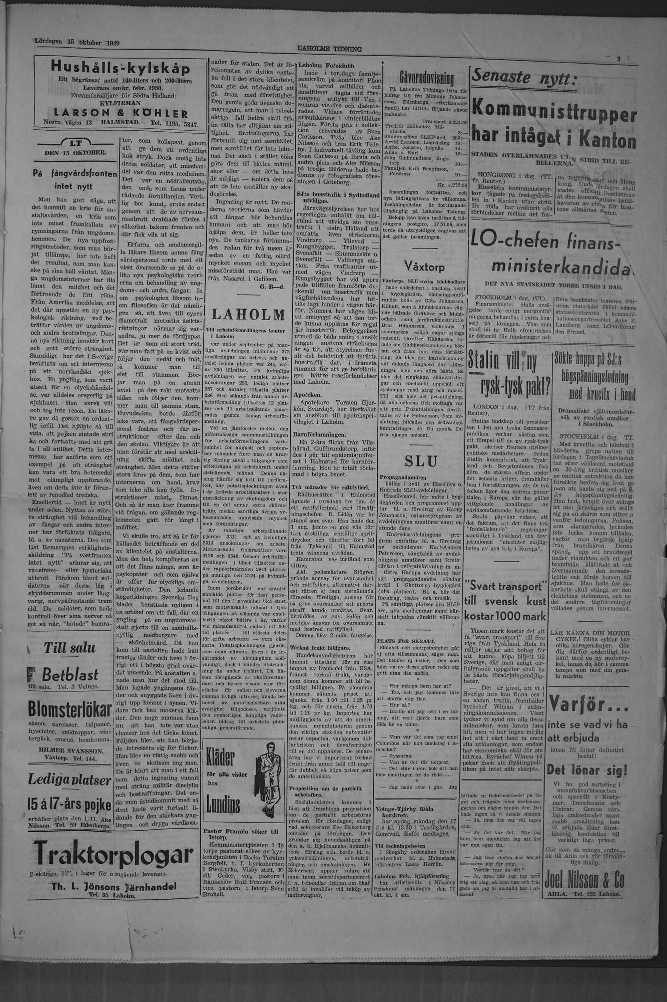 Laholms Tidning Lördag 15 oktober 1949, sida 3