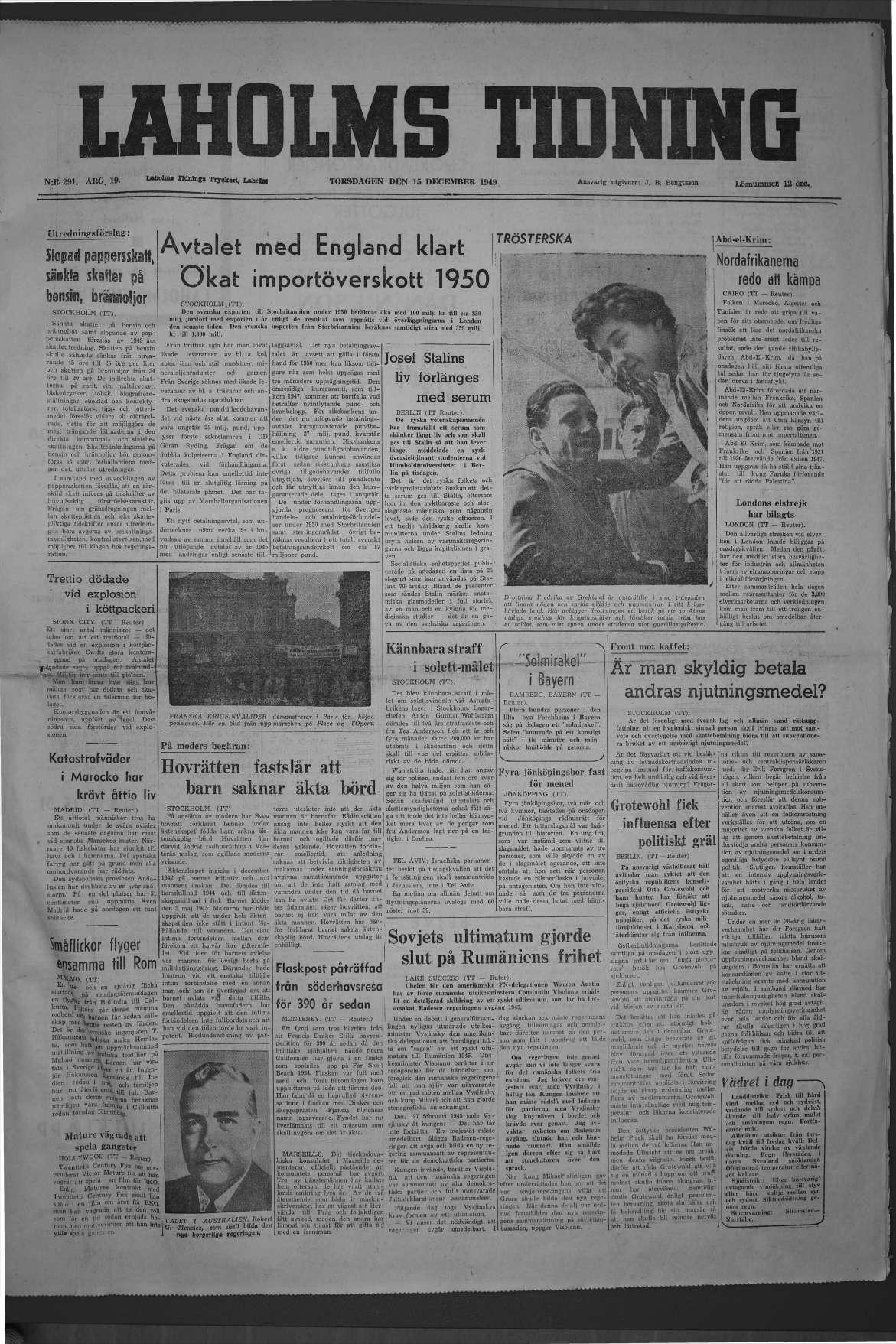Laholms Tidning Torsdag 15 december 1949, sida 1