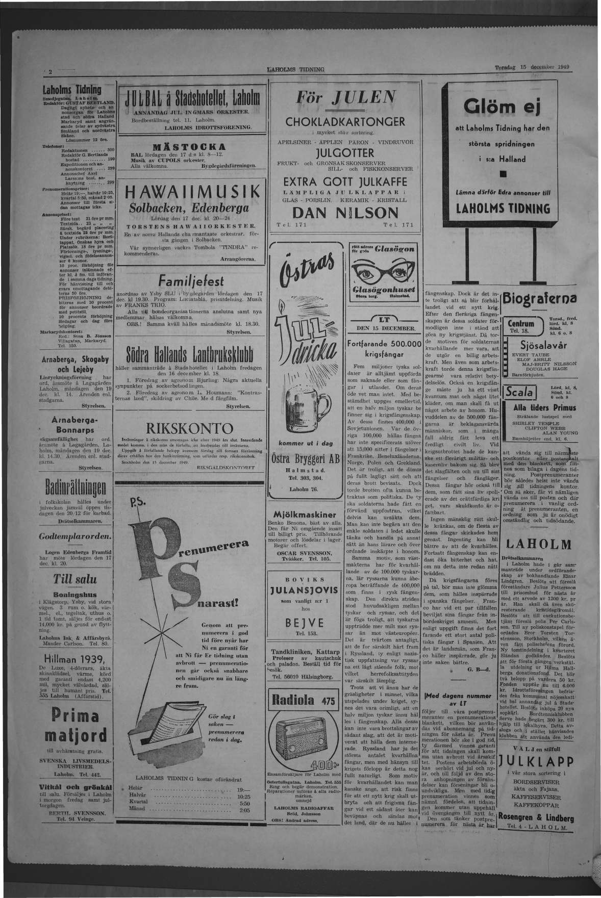 Laholms Tidning Torsdag 15 december 1949, sida 2