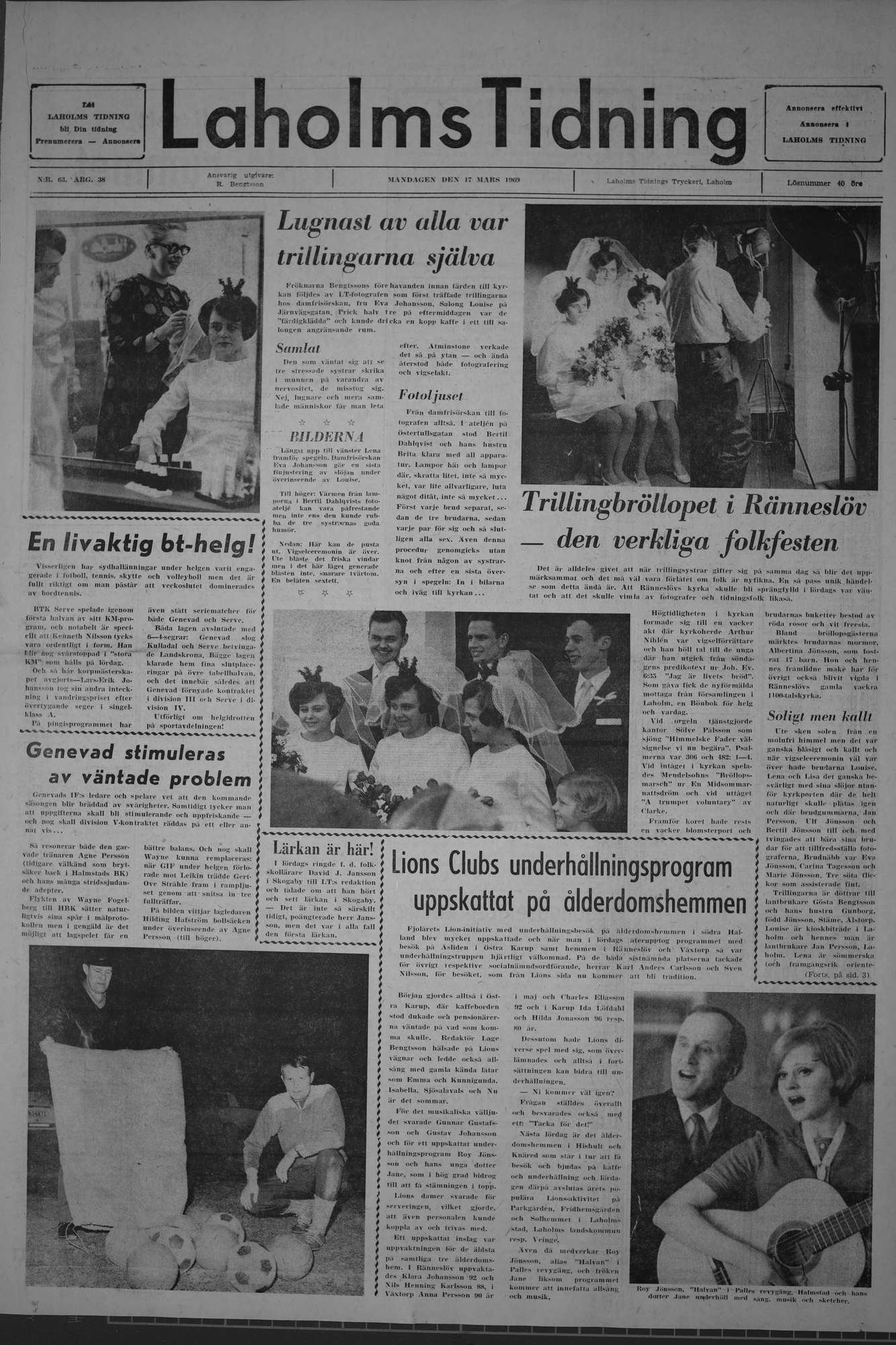 Laholms Tidning Måndag 17 mars 1969, sida 1