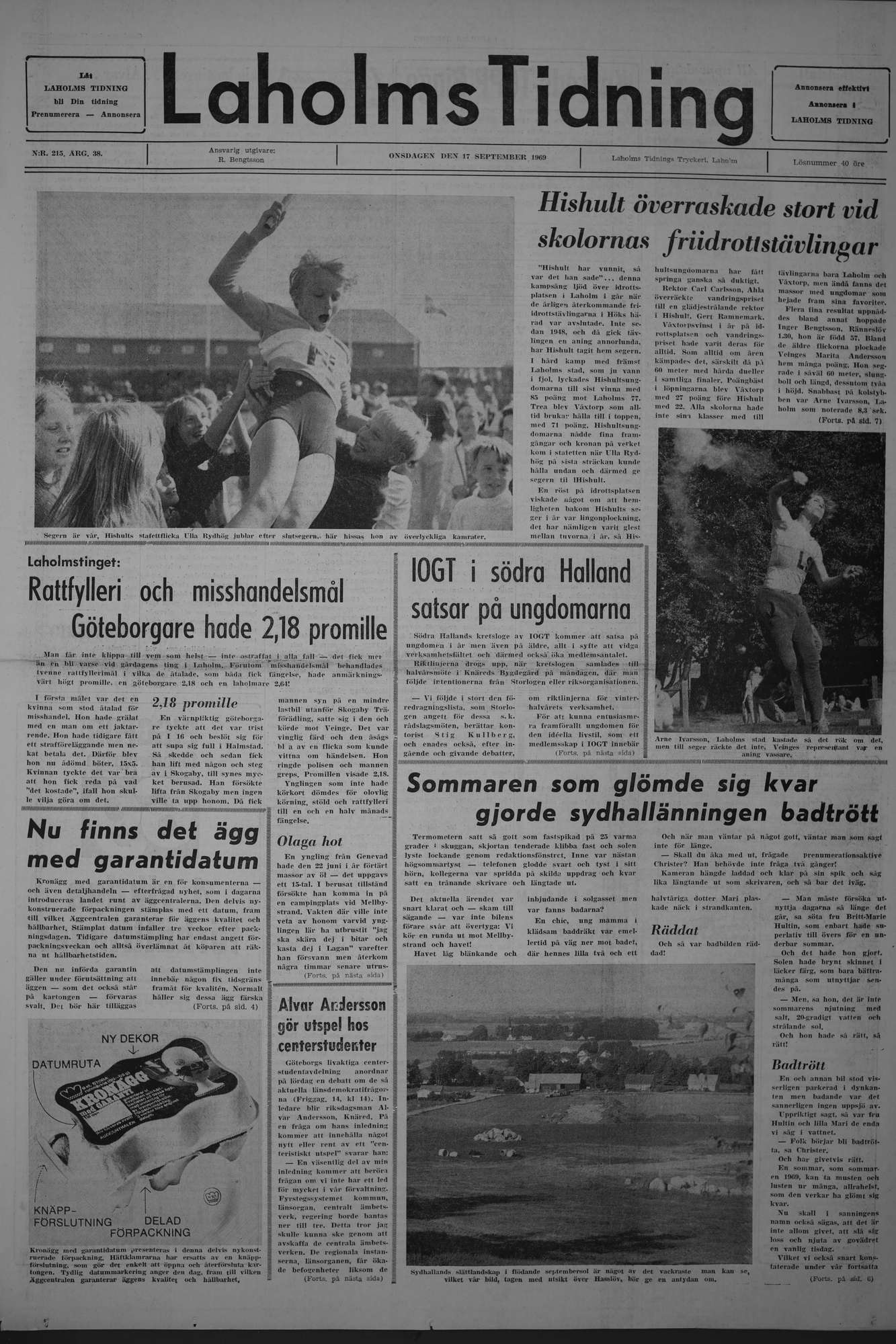 Laholms Tidning Onsdag 17 september 1969, sida 1