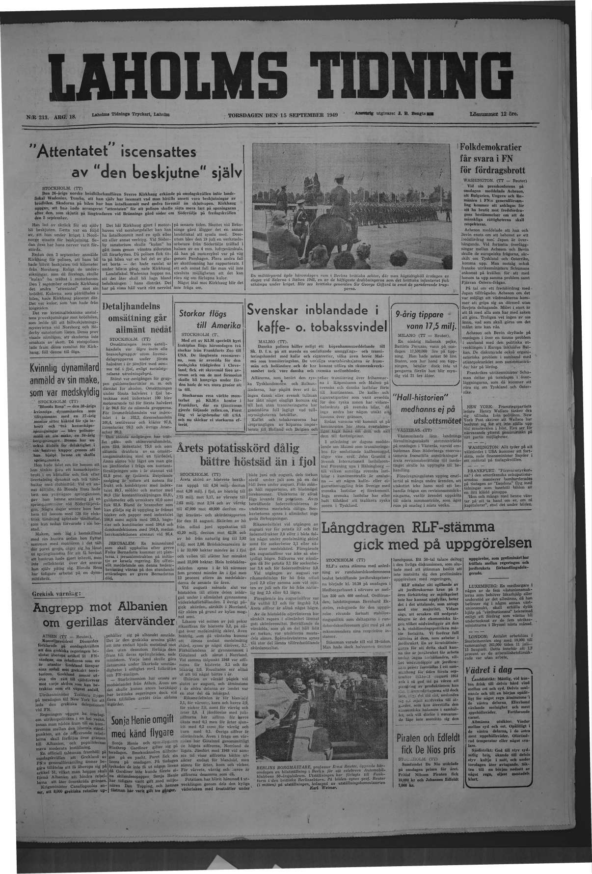Laholms Tidning Torsdag 15 september 1949, sida 1