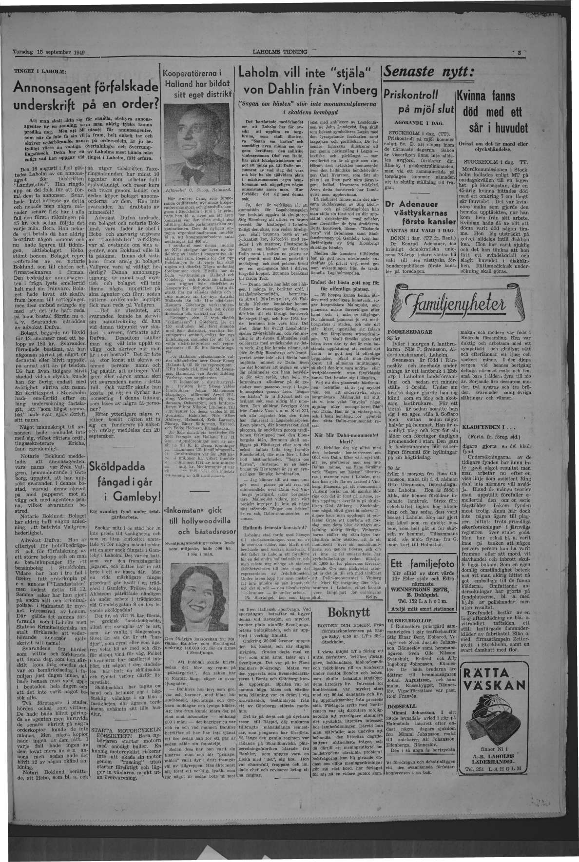 Laholms Tidning Torsdag 15 september 1949, sida 3
