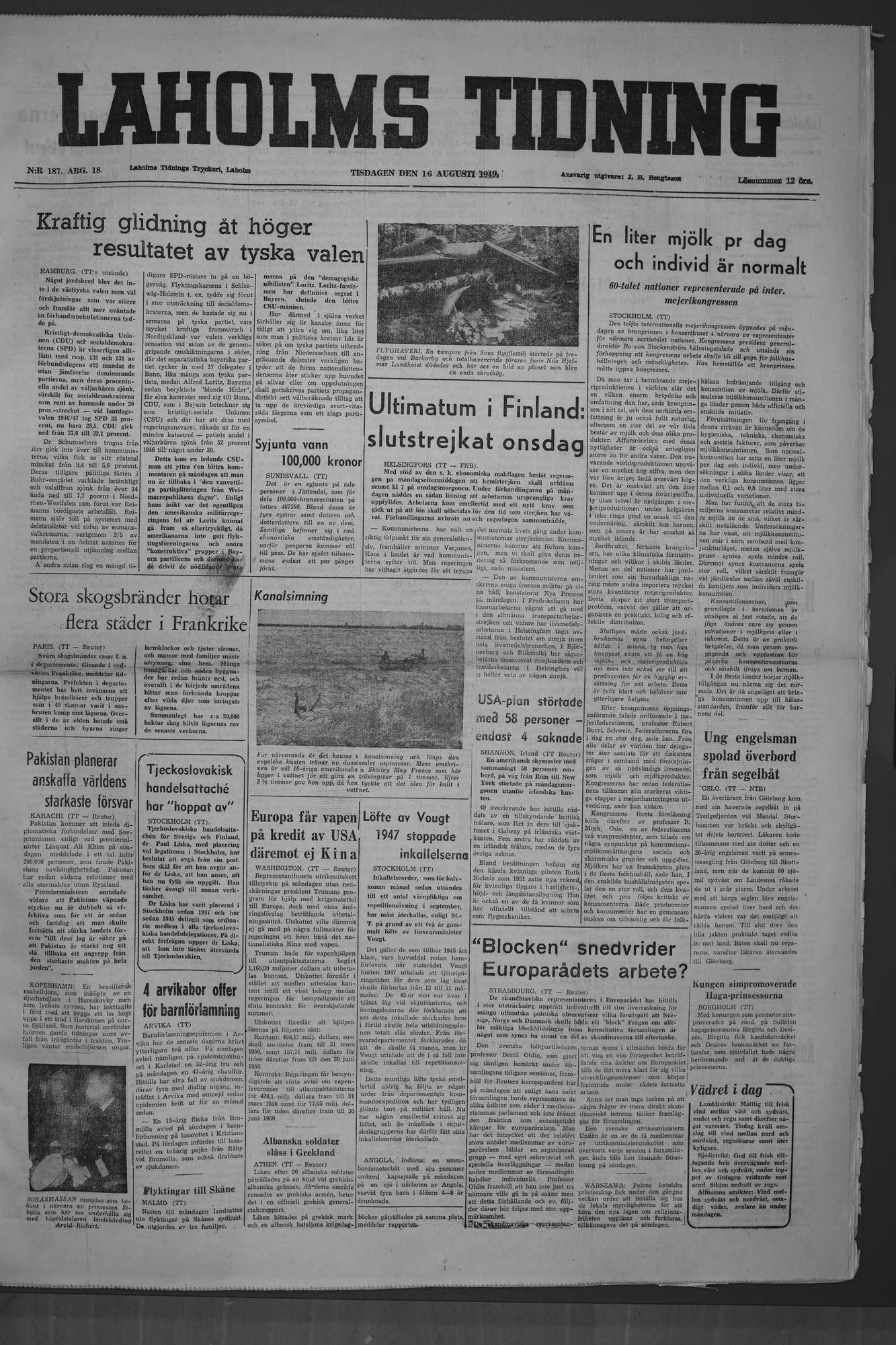 Laholms Tidning Tisdag 16 augusti 1949, sida 1