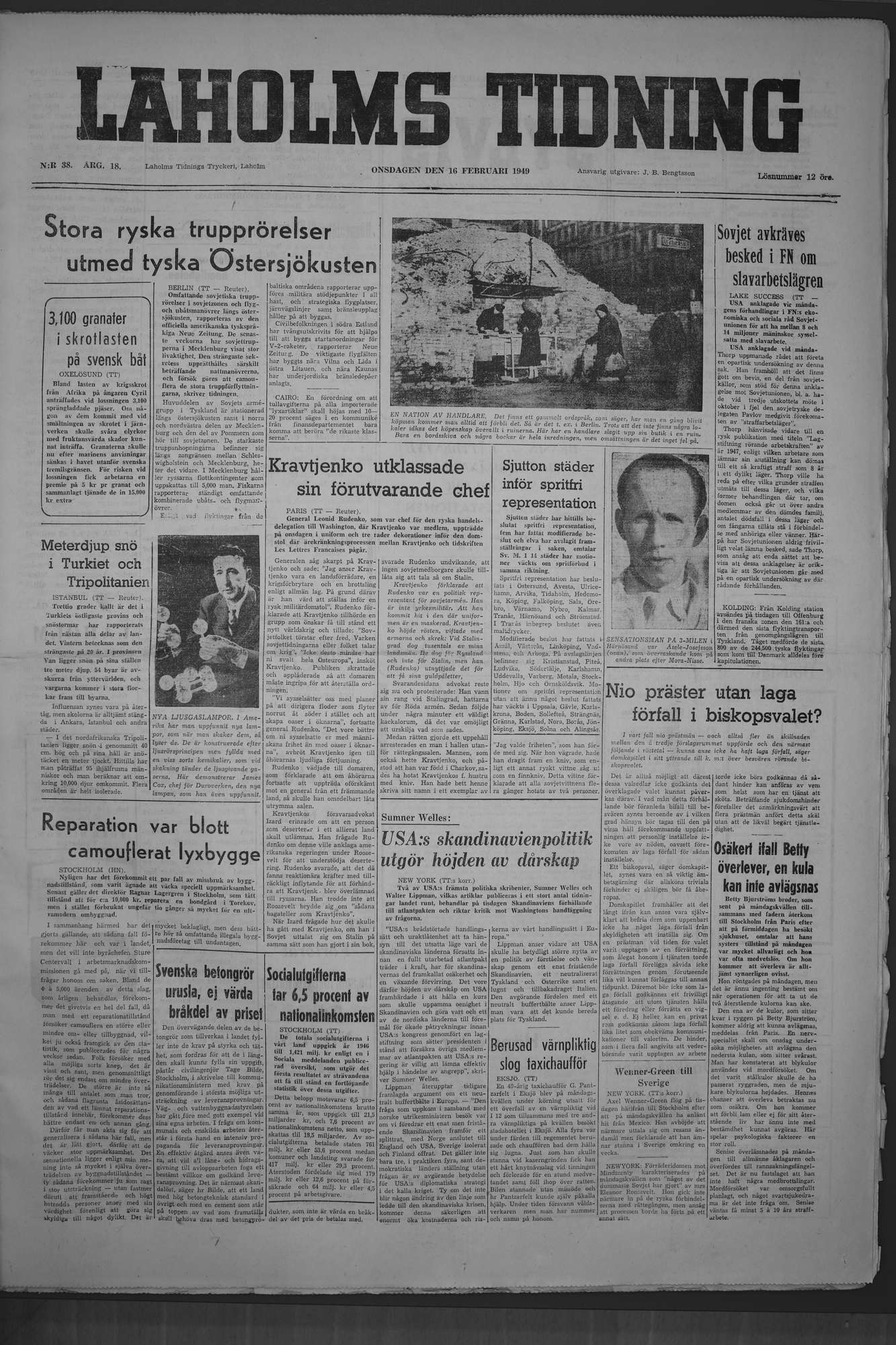 Laholms Tidning Onsdag 16 februari 1949, sida 1