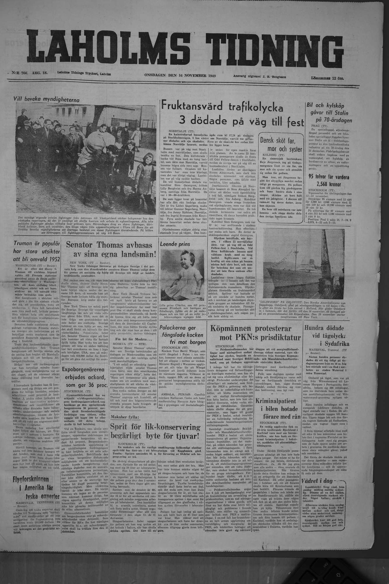 Laholms Tidning Onsdag 16 november 1949, sida 1