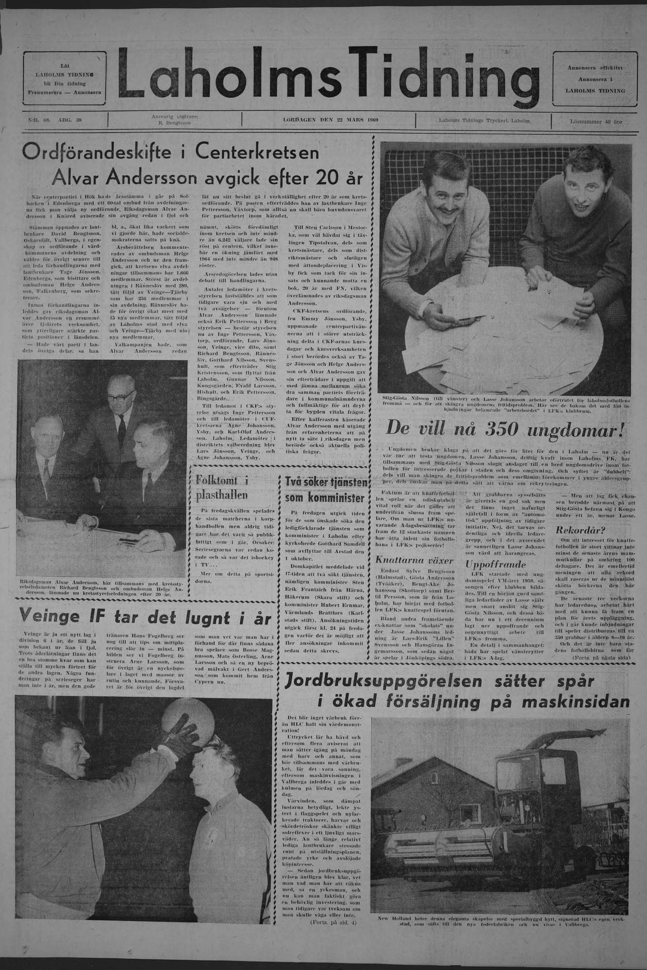 Laholms Tidning Lördag 22 mars 1969, sida 1