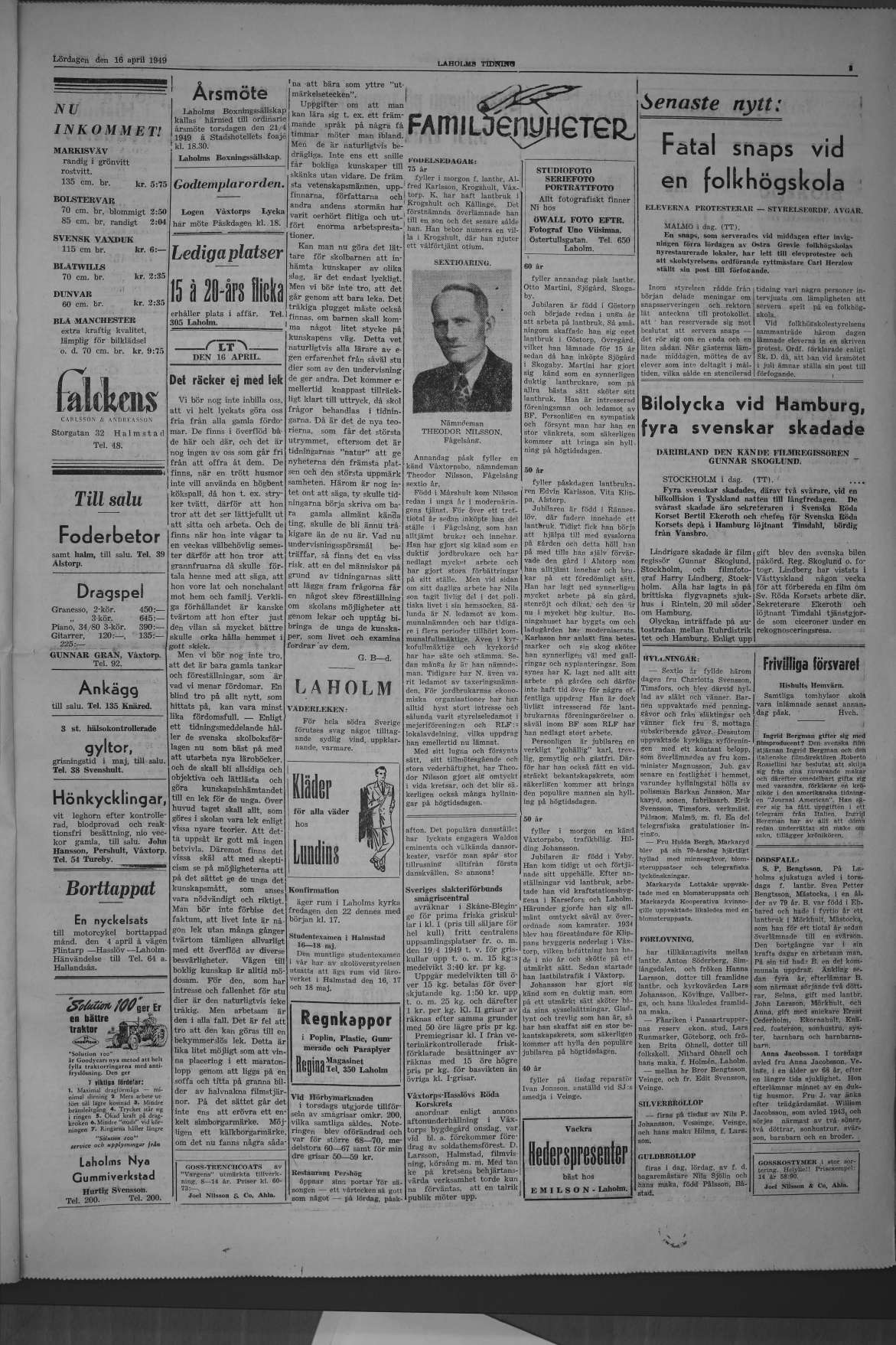 Laholms Tidning Lördag 16 april 1949, sida 3