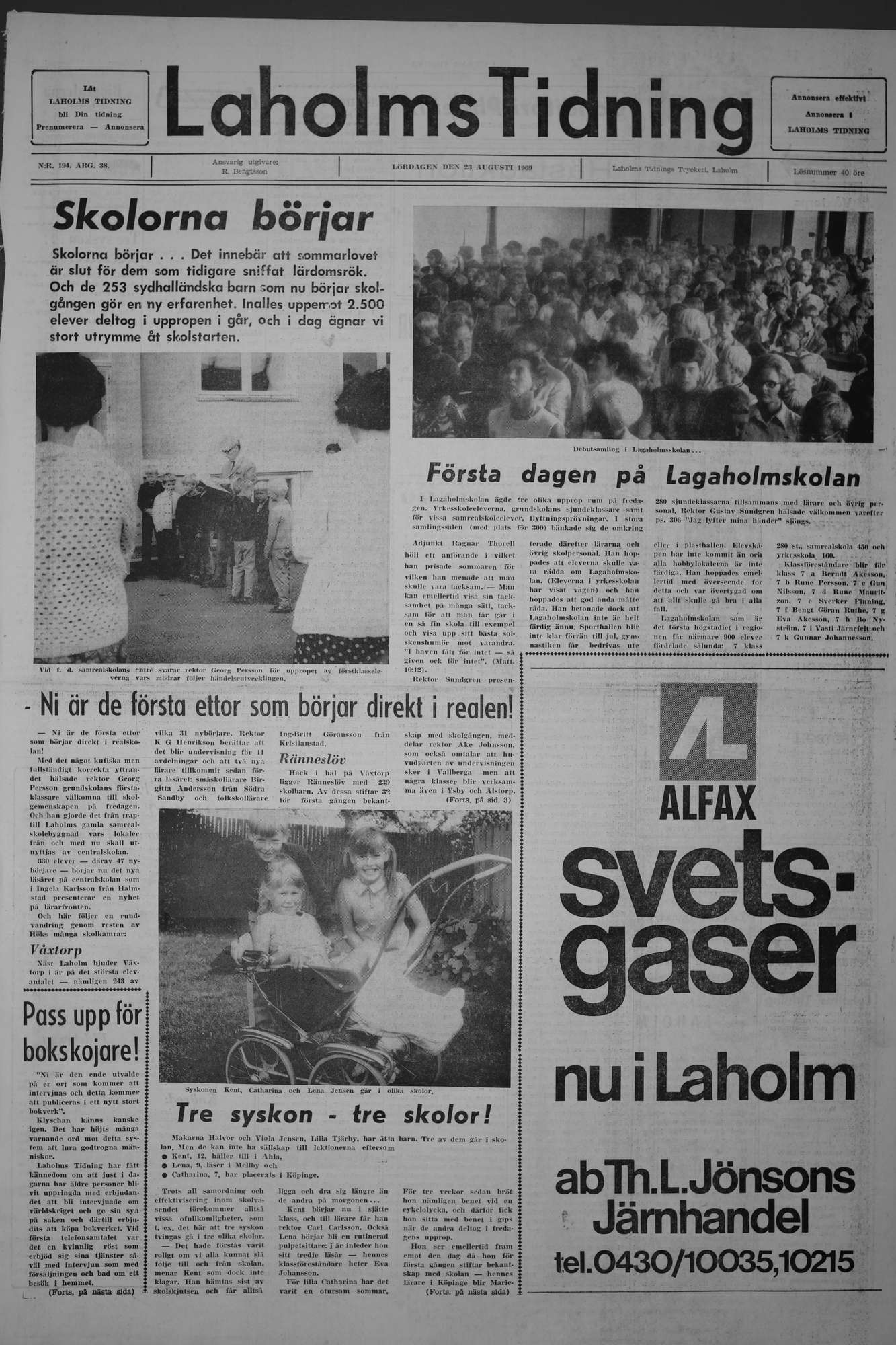 Laholms Tidning Lördag 23 augusti 1969, sida 1