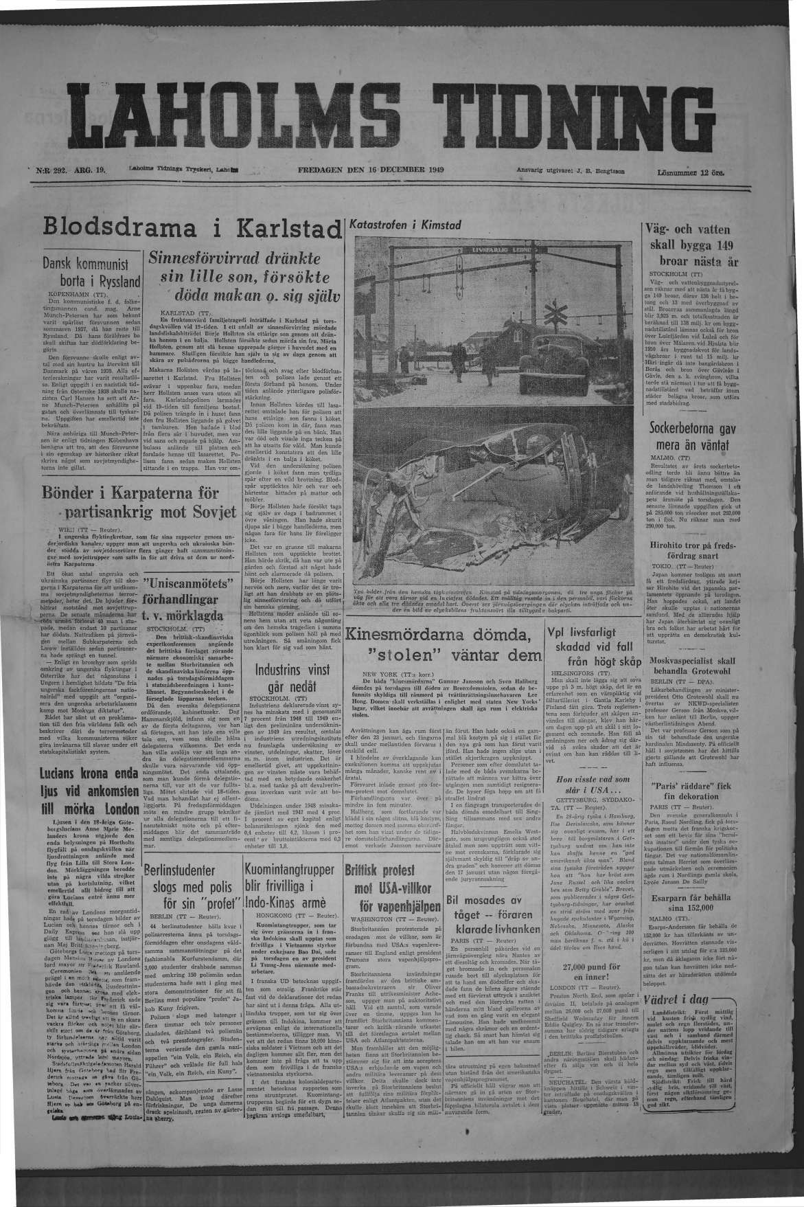 Laholms Tidning Fredag 16 december 1949, sida 1