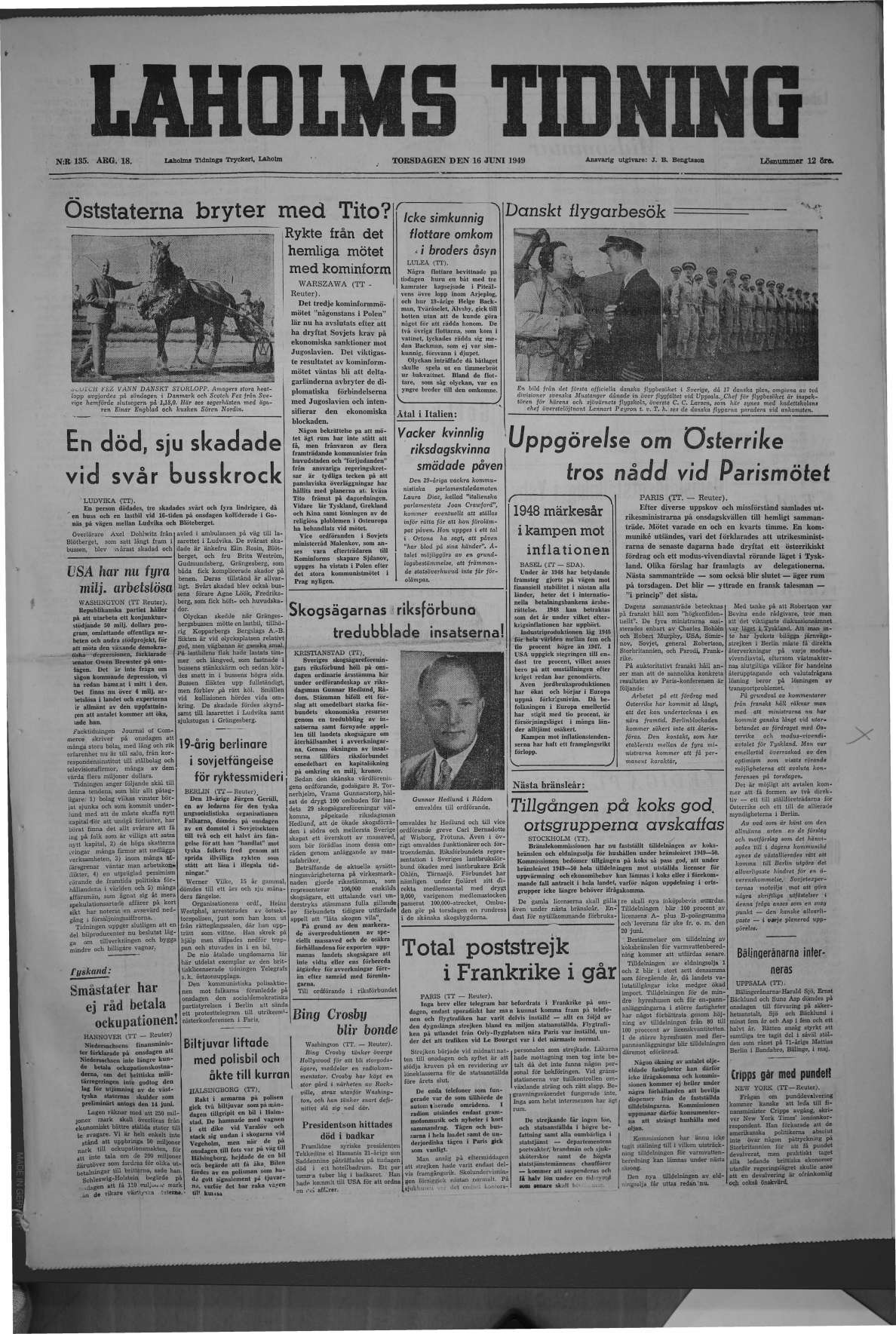 Laholms Tidning Torsdag 16 juni 1949, sida 1