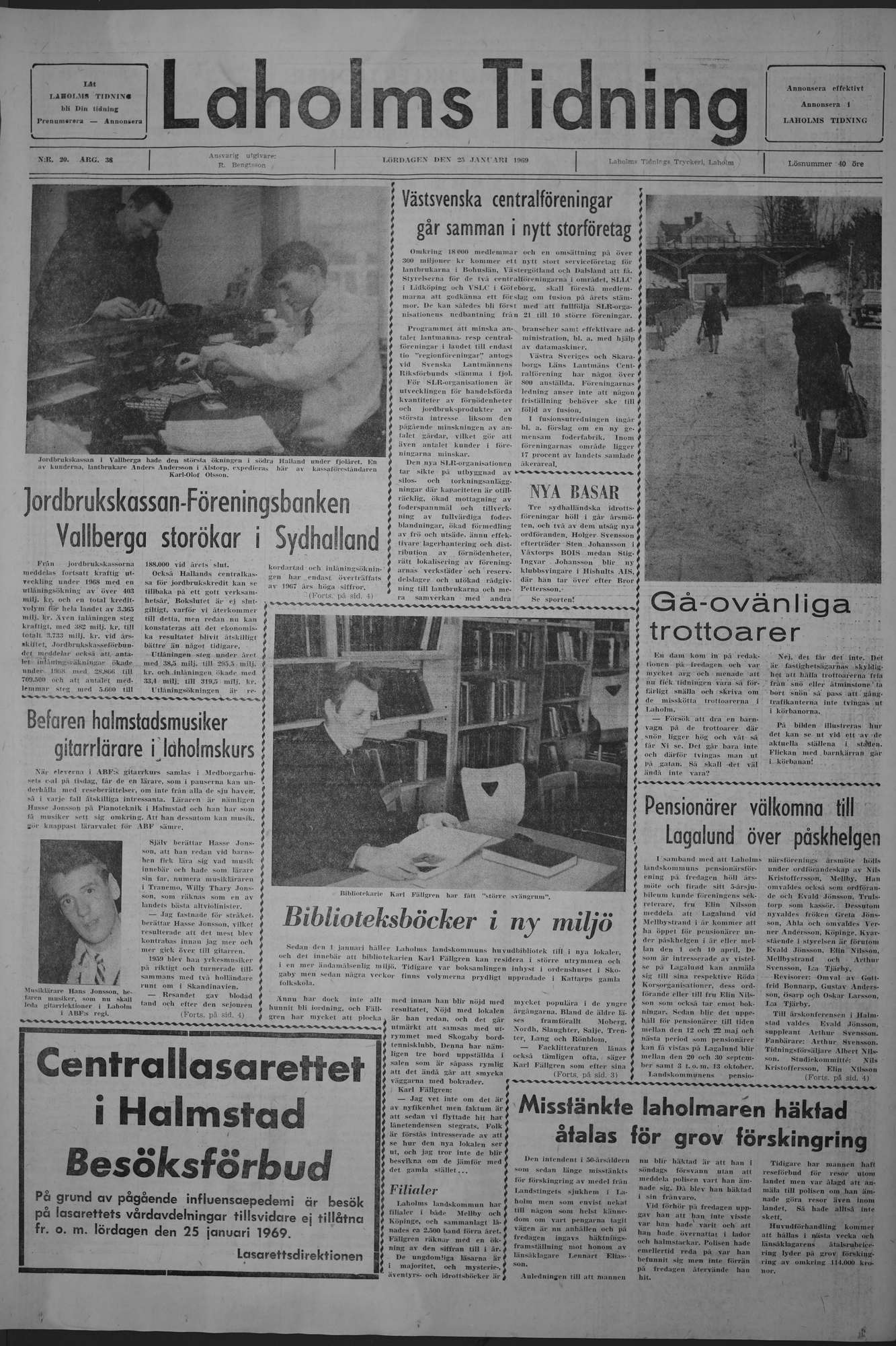 Laholms Tidning Lördag 25 januari 1969, sida 1