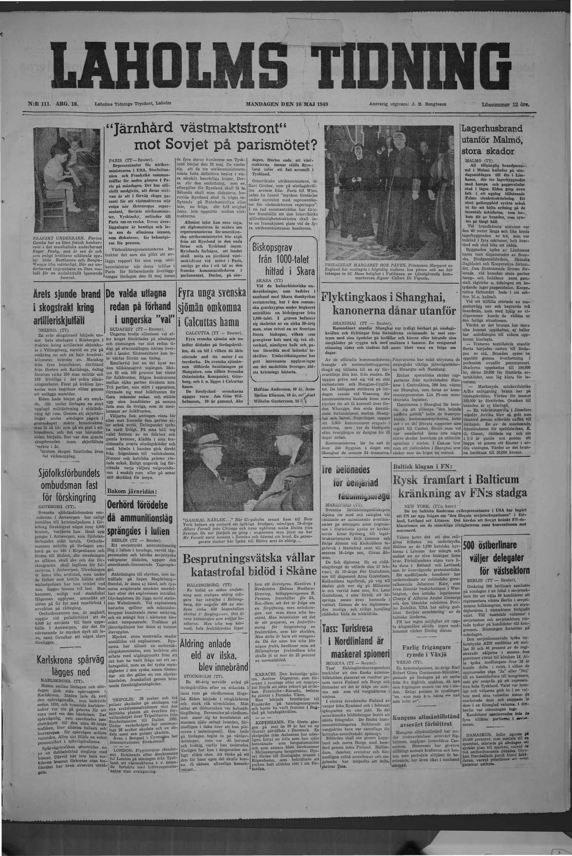 Laholms Tidning Måndag 16 maj 1949, sida 1