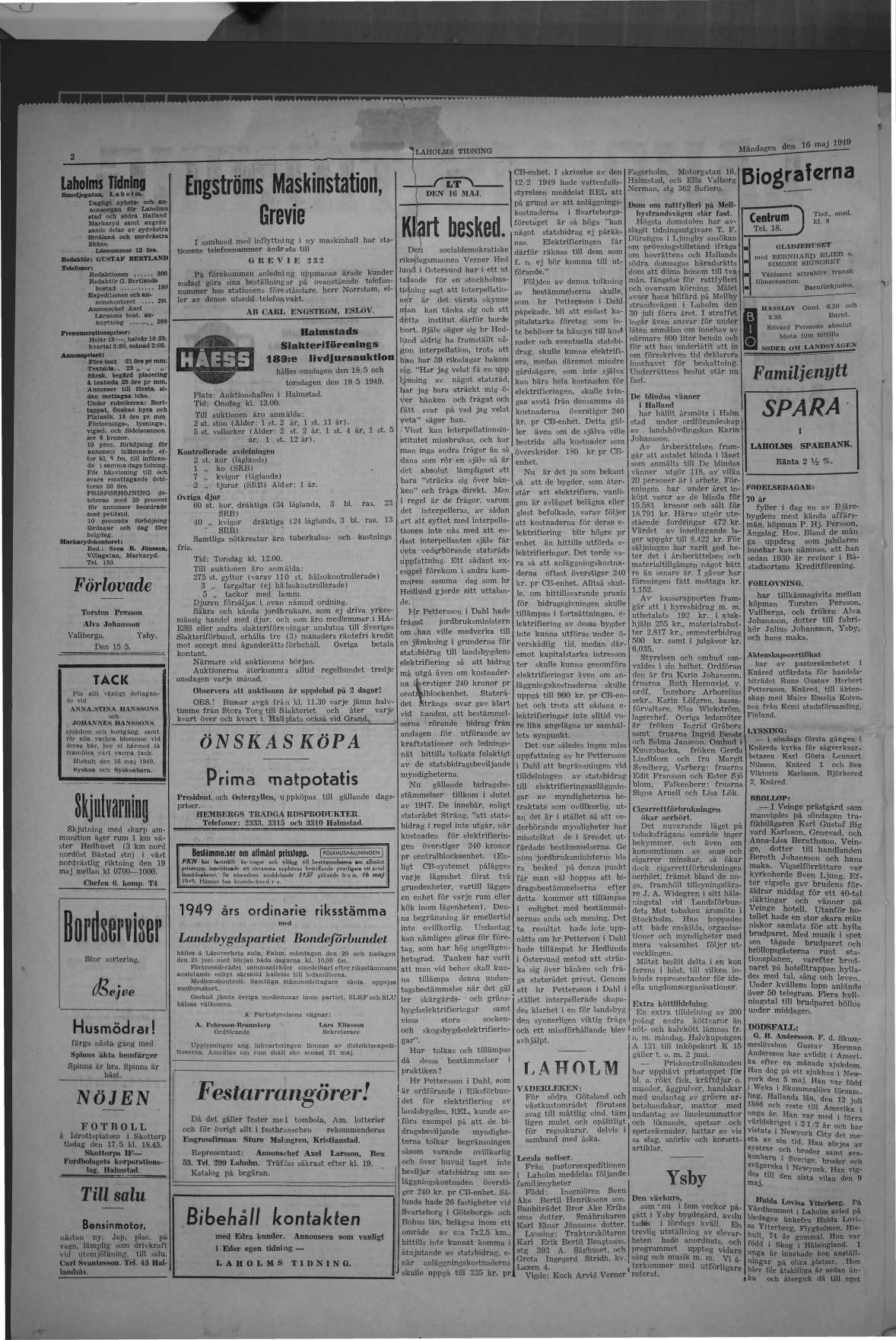 Laholms Tidning Måndag 16 maj 1949, sida 2
