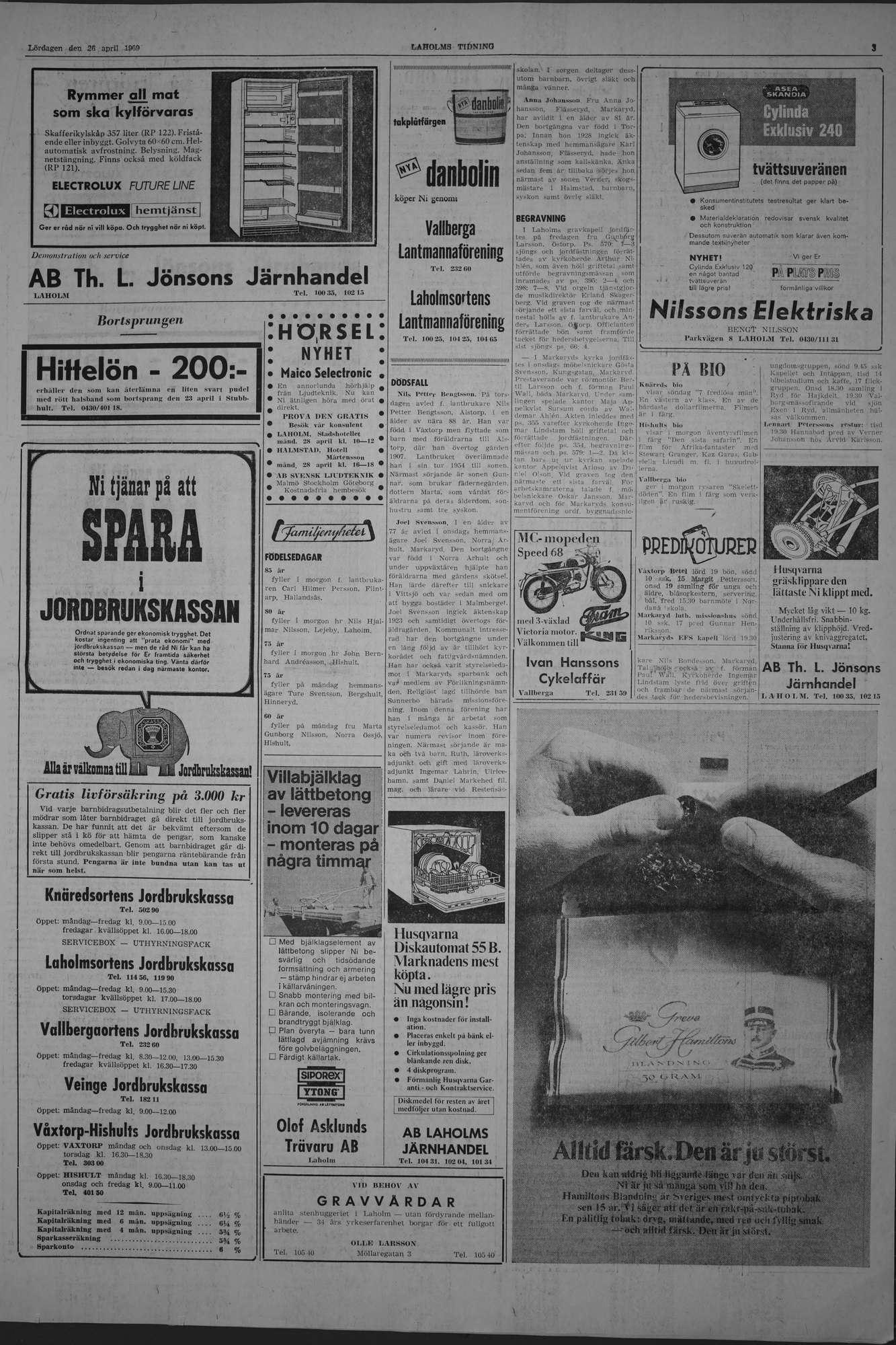 Laholms Tidning Lördag 26 april 1969, sida 3