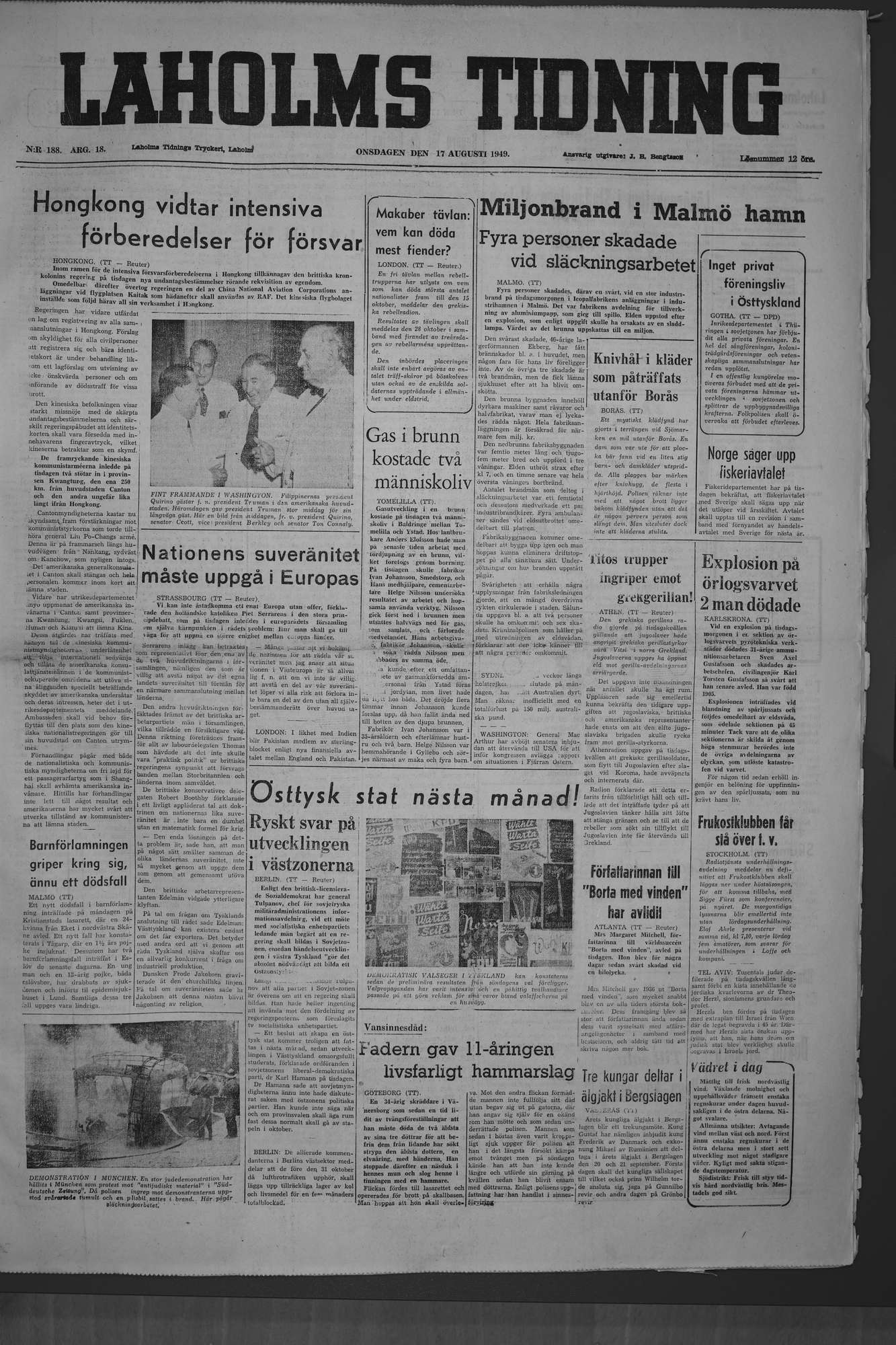 Laholms Tidning Onsdag 17 augusti 1949, sida 1