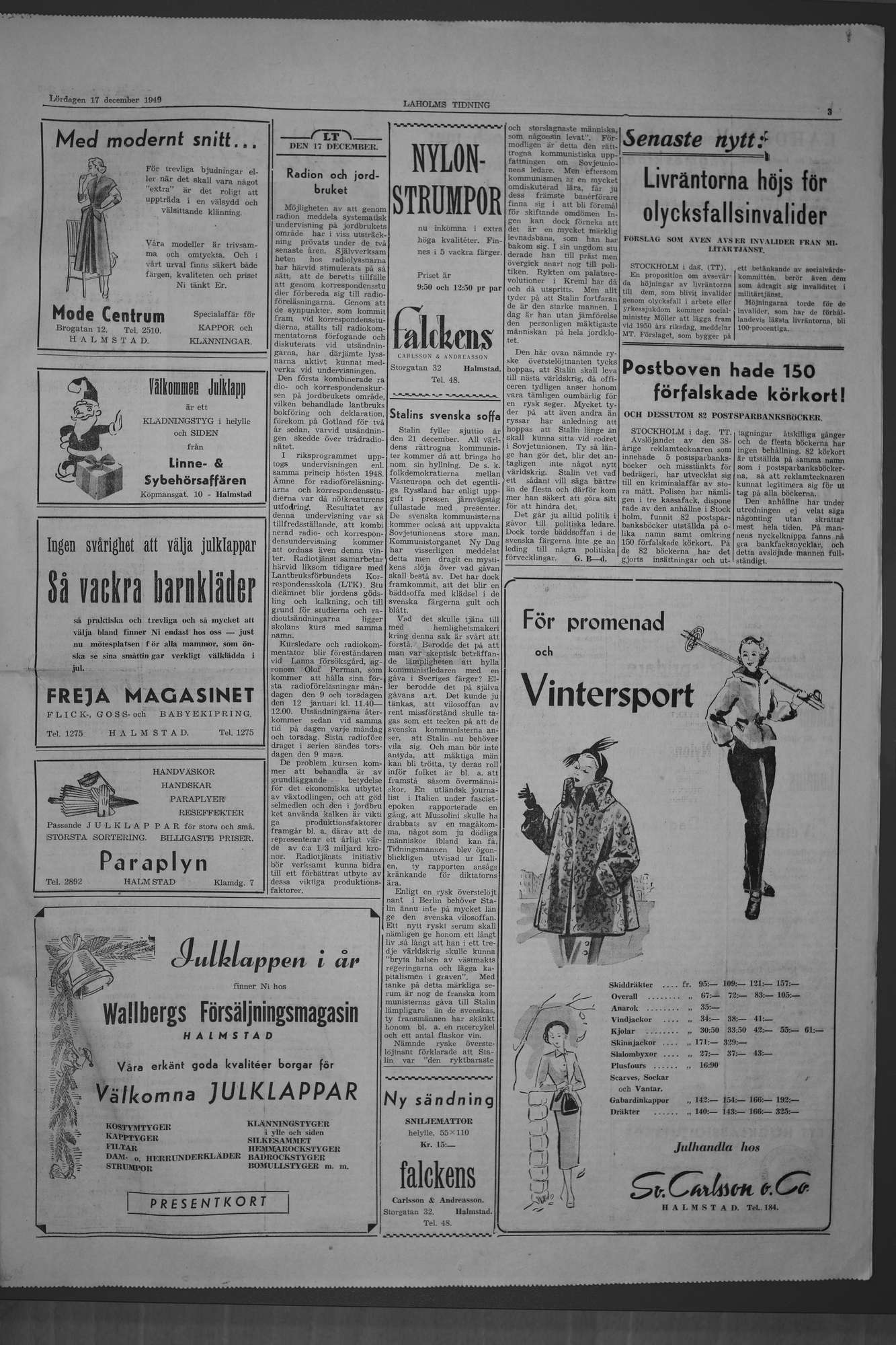 Laholms Tidning Lördag 17 december 1949, sida 3