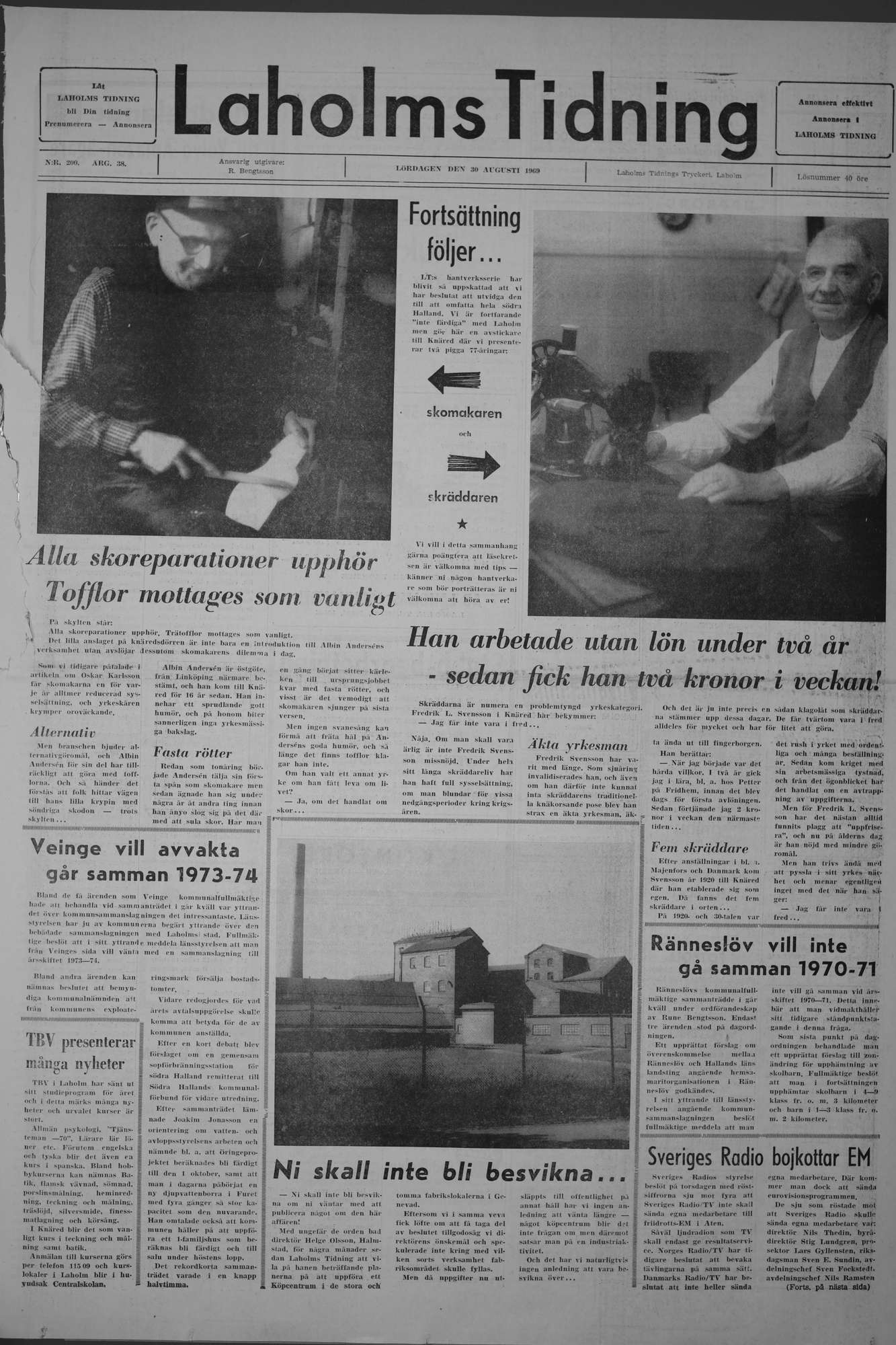 Laholms Tidning Lördag 30 augusti 1969, sida 1