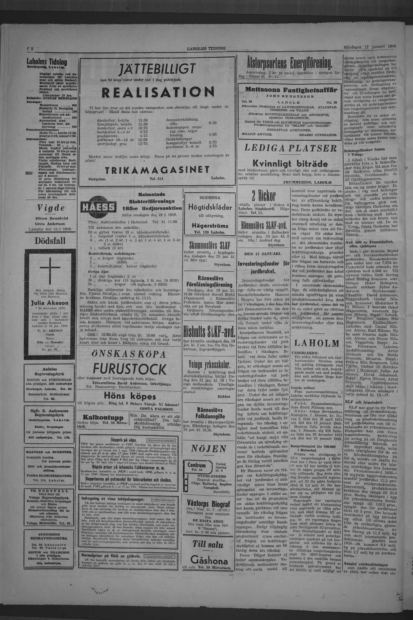 Laholms Tidning Måndag 17 januari 1949, sida 2