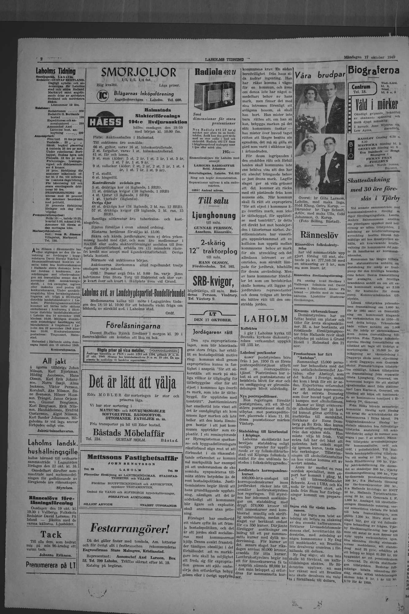 Laholms Tidning Måndag 17 oktober 1949, sida 2