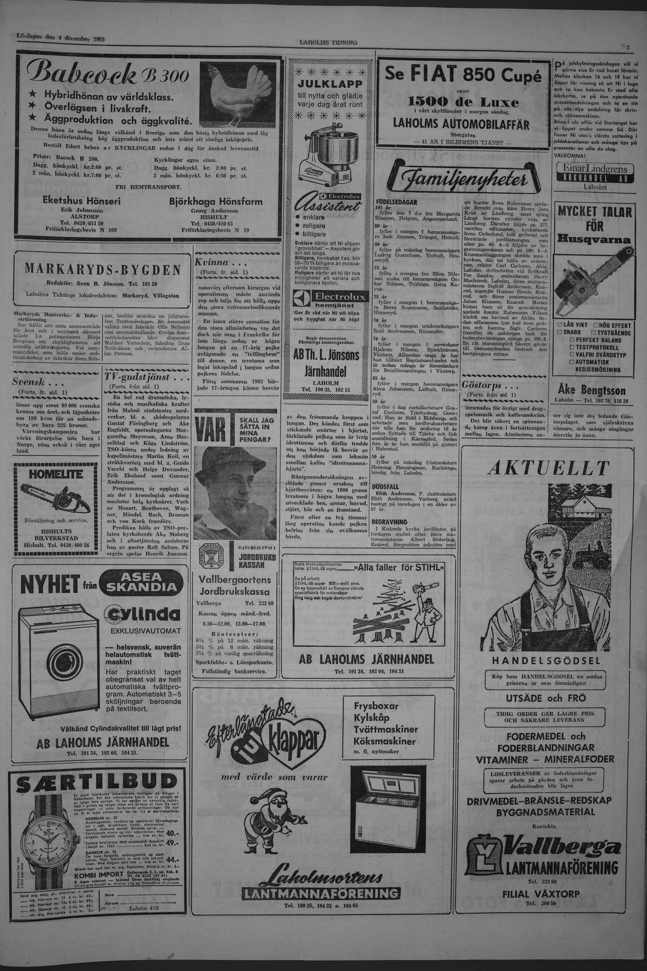 Laholms Tidning Lördag 4 december 1965, sida 3