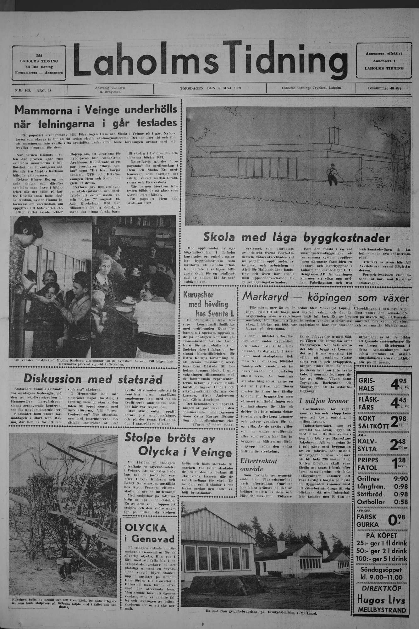 Laholms Tidning Torsdag 8 maj 1969, sida 1