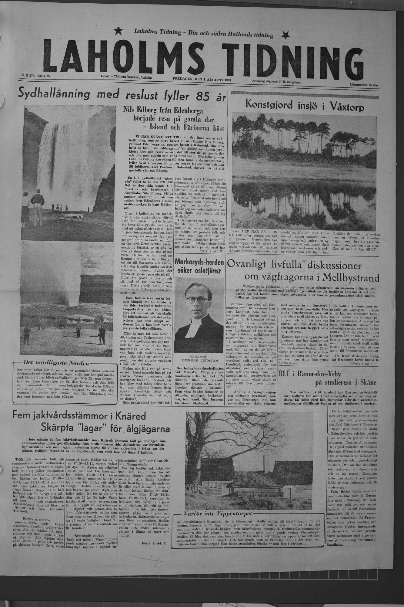 Laholms Tidning Fredag 1 augusti 1958, sida 1