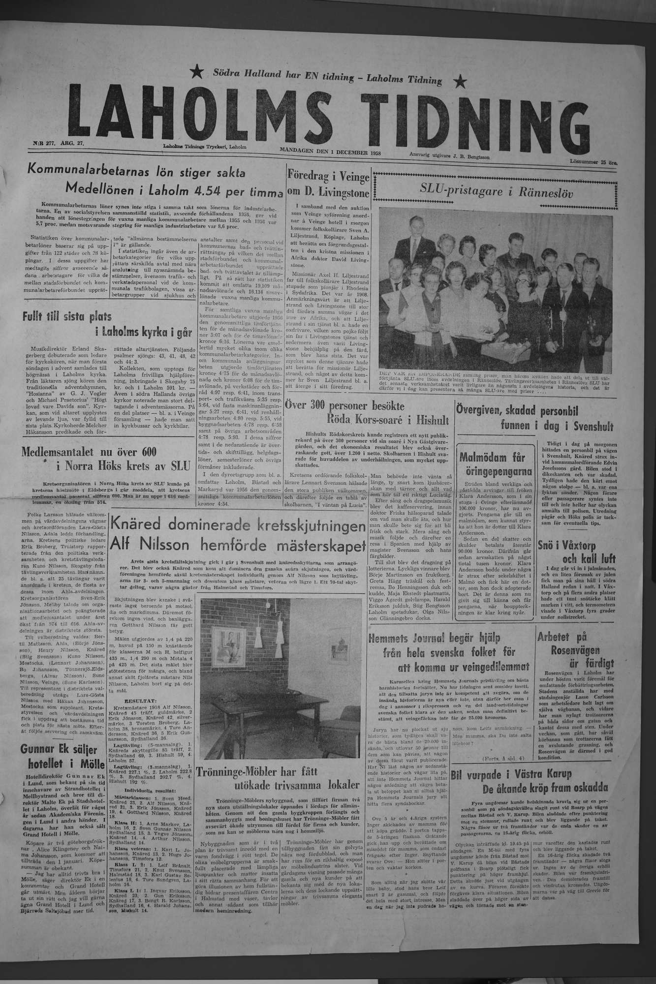 Laholms Tidning Måndag 1 december 1958, sida 1