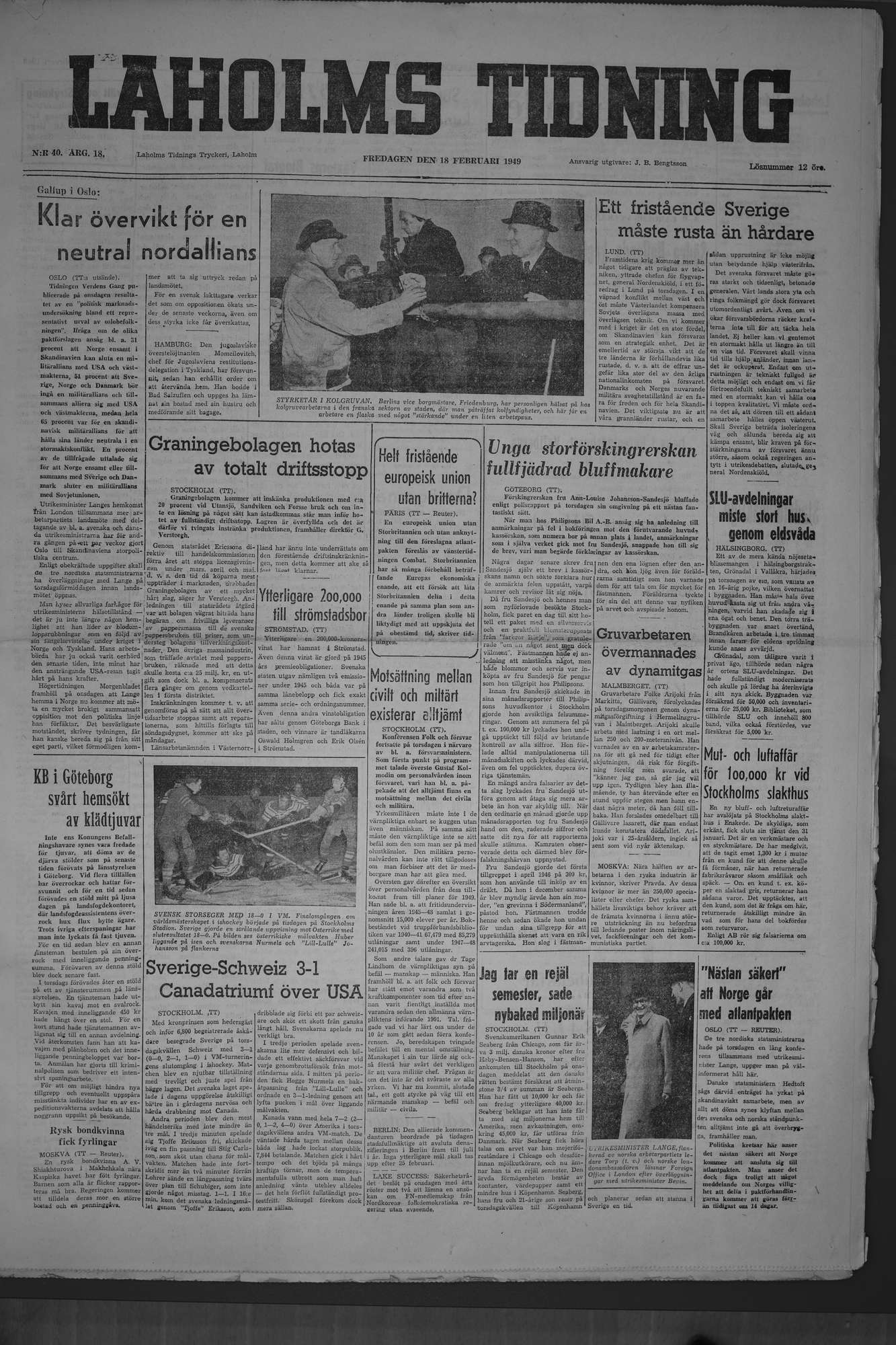 Laholms Tidning Fredag 18 februari 1949, sida 1