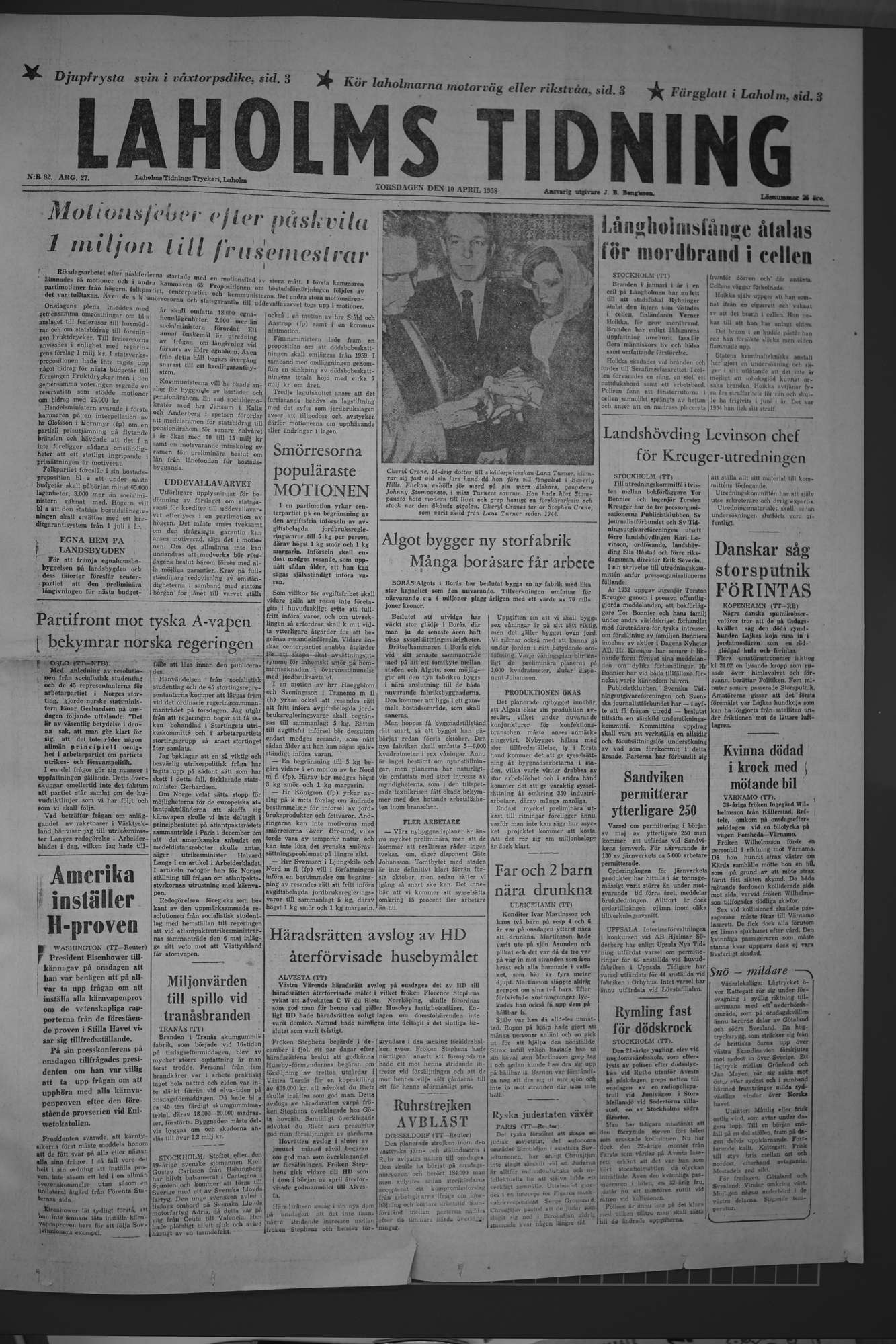 Laholms Tidning Torsdag 10 april 1958, sida 1