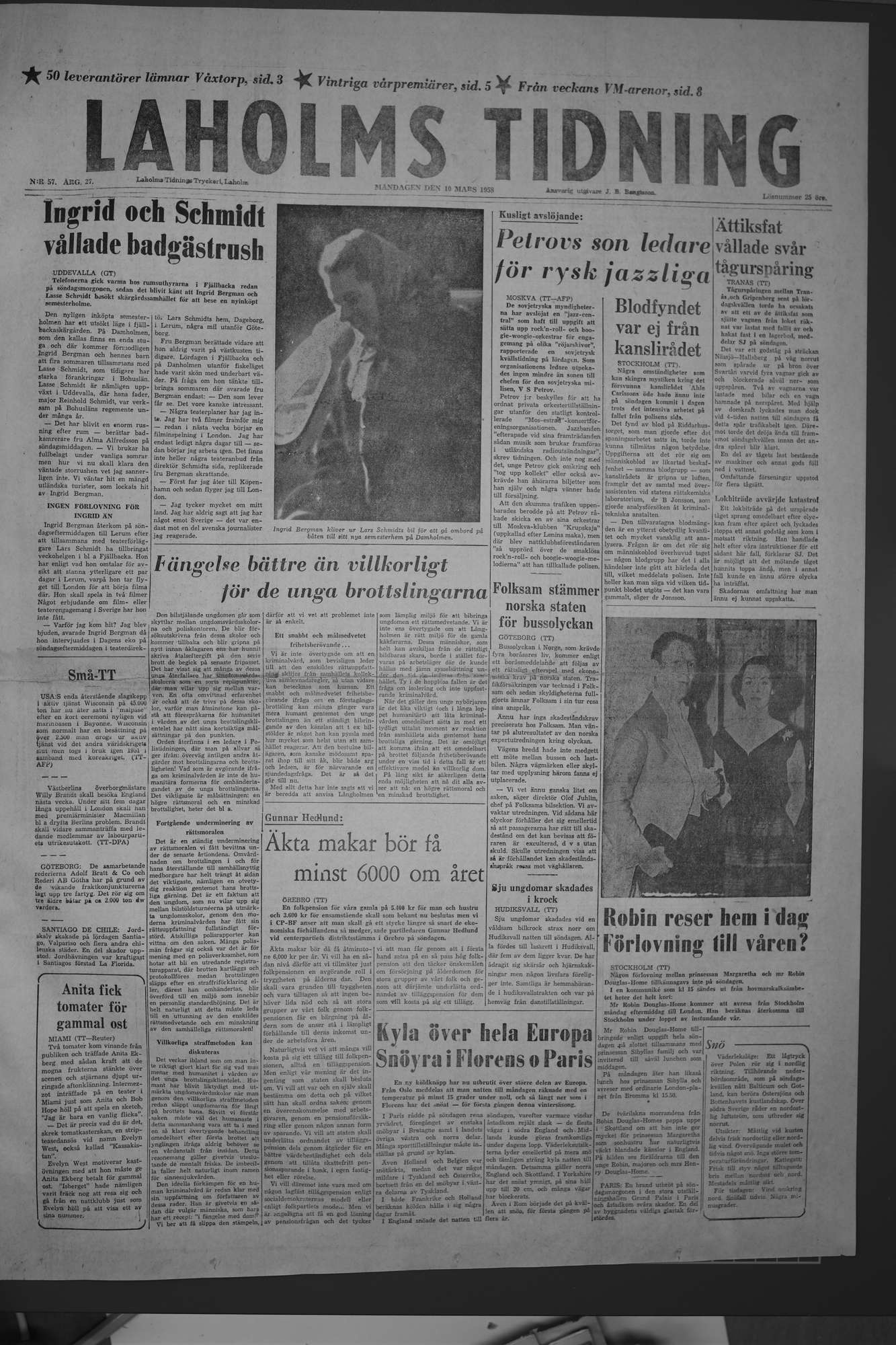 Laholms Tidning Måndag 10 mars 1958, sida 1